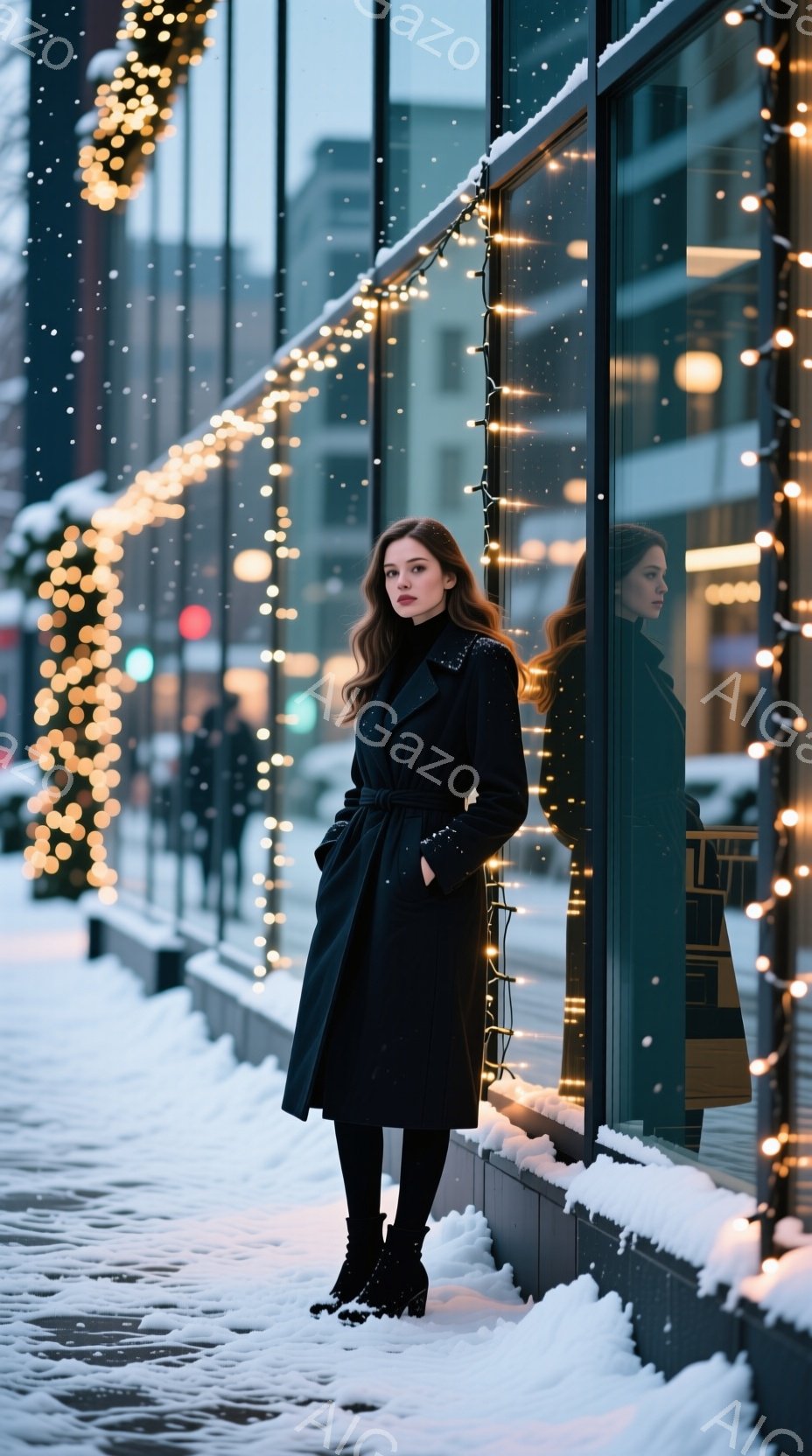 長い黒のコートを着た女性が、雪に覆われた歩道に立っている。彼女は黒いタイツとブーツを履き、髪は肩まで伸びたウェーブヘアで、少し憂いを帯びた表情をしている。背景には、イルミネーションで飾られた近代的な建物があり、雪が舞う冬の日の冷たいが美しい雰囲気を醸し出している。