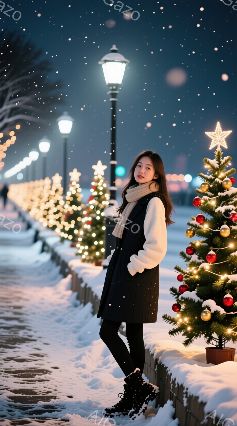 長いダークヘアの女性が、白いセーターと黒いロングベスト、黒いレギンス、黒いブーツを着用し、雪に覆われた遊歩道に立っている。彼女は壁にもたれ、わずかに微笑んでカメラを見ている。背景には、クリスマスツリーやイルミネーションで飾られた遊歩道が広がり、雪が舞う幻想的な冬の夜の雰囲気を醸し出している。