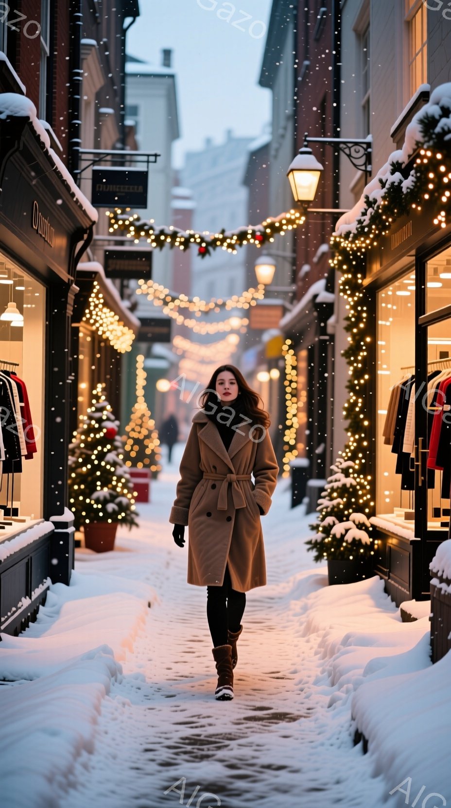 暖炉のようなキャメル色のコートを着た女性が、雪に覆われた石畳の通りを歩いている。彼女は長い茶髪を後ろに垂らし、落ち着いた表情で前を見据えている。背景には、クリスマスイルミネーションで飾られた建物が並び - AI生成フリー素材
