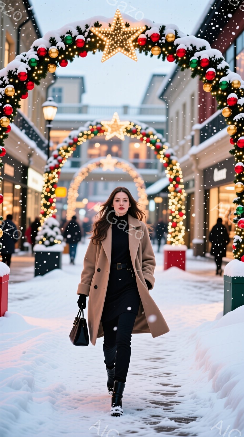 画像には、雪が降る街並みを歩く女性が写っています。彼女はキャメル色のロングコートと黒いパンツを着用し、黒いブーツを履いています。背景には、クリスマス装飾で飾られたアーチがあり、雪景色と相まって、優雅で冬の華やかな雰囲気を醸し出しています。