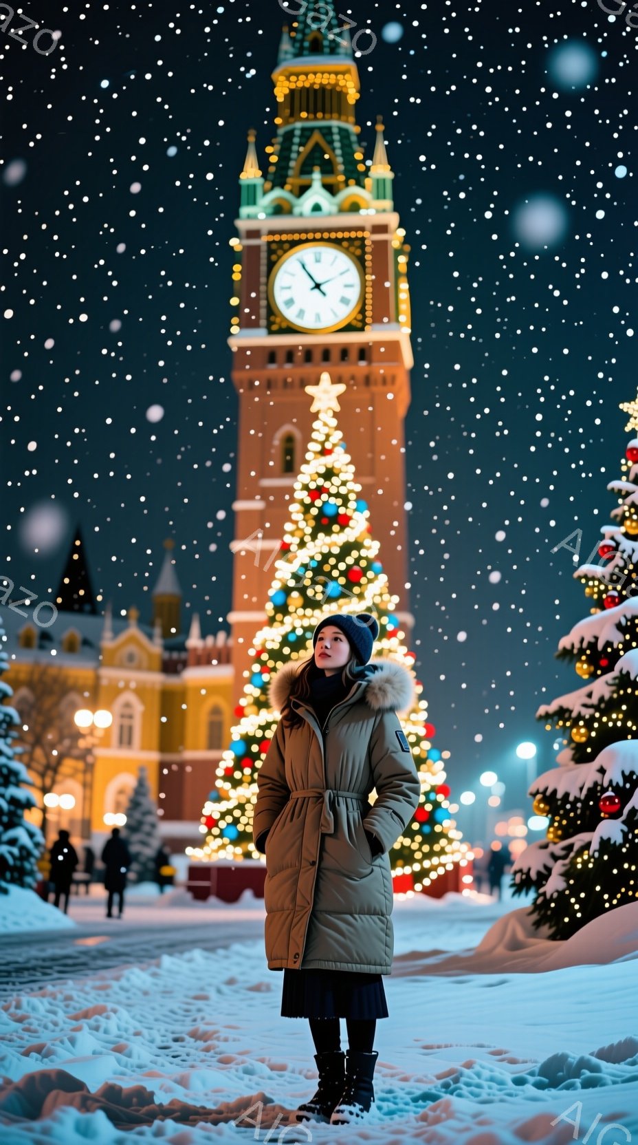 画像には、冬の夜に雪が降る街並みが写っている。女性はオリーブグリーンのファー付きダウンジャケットと濃い色のスカートを身につけ、赤いニット帽をかぶっている。背景には、ライトアップされたクリスマスツリーと時計台がそびえ立ち、雪景色が幻想的な雰囲気を醸し出している。