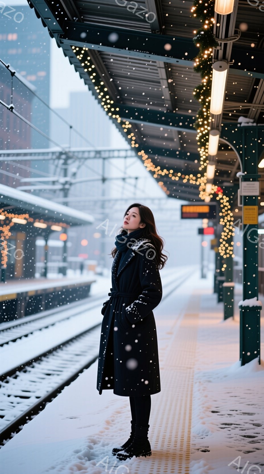 雪が降るプラットフォームに立つ女性は、黒いロングコートと黒いブーツを身に着け、髪を肩まで長く残している。彼女は少し横を向き、遠くを見つめており、憂いを帯びた表情をしている。背景には雪に覆われた線路と、温かい光を放つイルミネーションが飾られたプラットフォームの屋根が見え、冬の静かで物憂げな雰囲気を醸し出している。