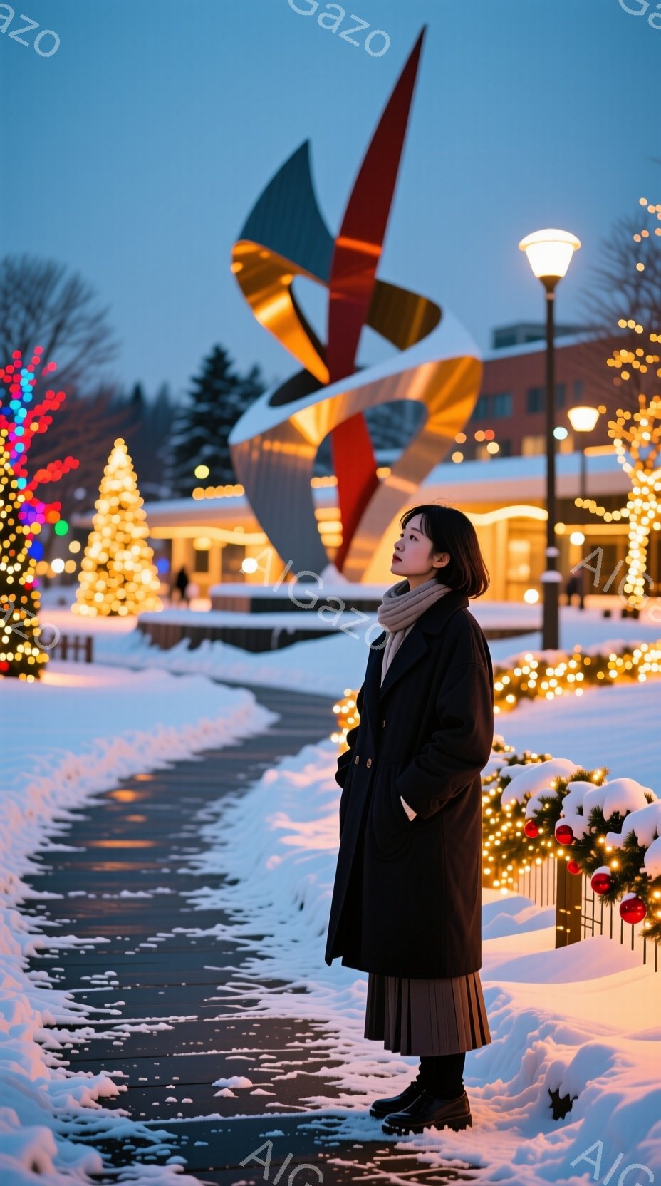 雪に覆われた遊歩道を歩く女性が写っている。黒のロングコートとプリーツスカートを身につけ、オフホワイトのマフラーを巻いている。背景には、近代的な建物、雪に覆われた木々、そしてクリスマスのイルミネーションが輝き、幻想的な冬の雰囲気を醸し出している。