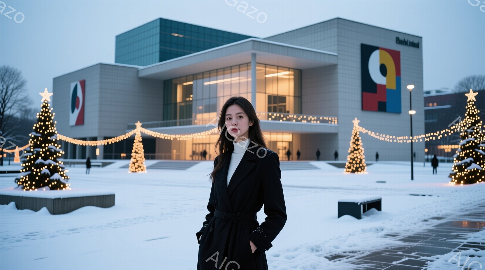 雪景色の中に立つ女性は、黒いロングコートを羽織り、白いニットを着ています。彼女は片手をポケットに入れ、やや真剣な表情でカメラを見ています。背景には、カラフルな装飾が施された近代的な建物と、クリスマスツリーが並び、冬の静寂さと祝祭の雰囲気が漂っています。