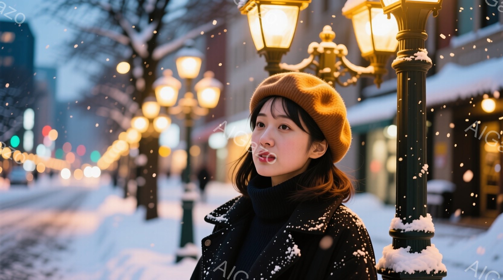ベレー帽をかぶった若い女性が、雪が降る街並みを背景に立っている。彼女は黒いタートルネックセーターとコートを着ており、少し微笑んでいる表情で、どこかを見つめている。背景には雪で覆われた街路灯と建物がぼやけて写り、冬の穏やかで幻想的な雰囲気を醸し出している。