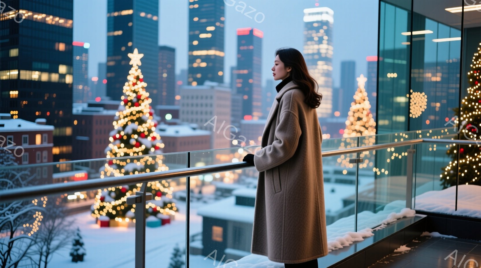 長いキャメル色のコートを着た女性がバルコニーの手すりに寄りかかり、遠くの街並みを眺めている。背景には雪景色とクリスマスツリーが輝き、冬の華やかな雰囲気を醸し出している。女性は後ろ姿で表情は読み取れないが、ゆったりとした姿勢から穏やかな心情が伺える。
