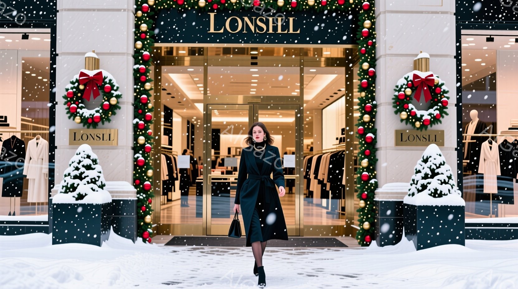 画像には、黒いコートと黒いハンドバッグを身につけた女性が、雪が降る街路を歩いている様子が写っている。彼女は髪を後ろでまとめ、強い眼差しで前を見据え、自信に満ちた表情をしている。背景には、クリスマス装飾が施された高級ブティックがあり、白い雪景色と相まって、洗練された冬の雰囲気を醸し出している。