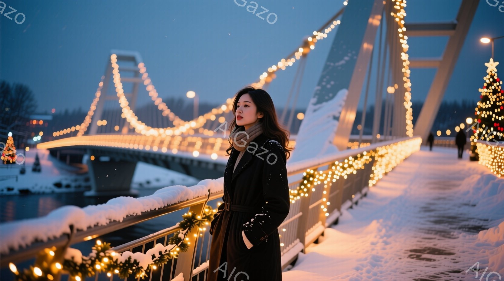 彼女は黒のコートとスカーフを身につけ、雪に覆われた橋の上に立っている。彼女は少し横を向き、遠くを見つめている表情はどこか物憂げだ。背景には雪景色と、暖かい光を放つイルミネーションが広がり、冬の静かで美しい雰囲気を醸し出している。