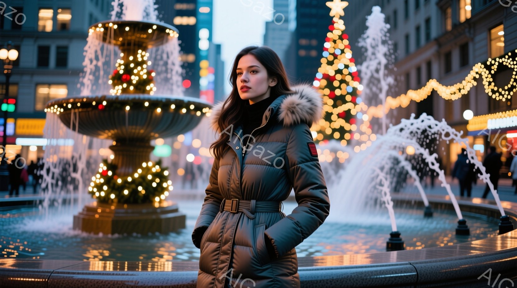 長い茶色の髪を無造作に降ろした女性が、緑色のダウンジャケットを着て、手を腰に当てて立っている。背景には、クリスマスツリーのイルミネーションと噴水があり、夜景の街並みが広がっている。全体的に、冬の夜の静かで美しい雰囲気が漂っている。