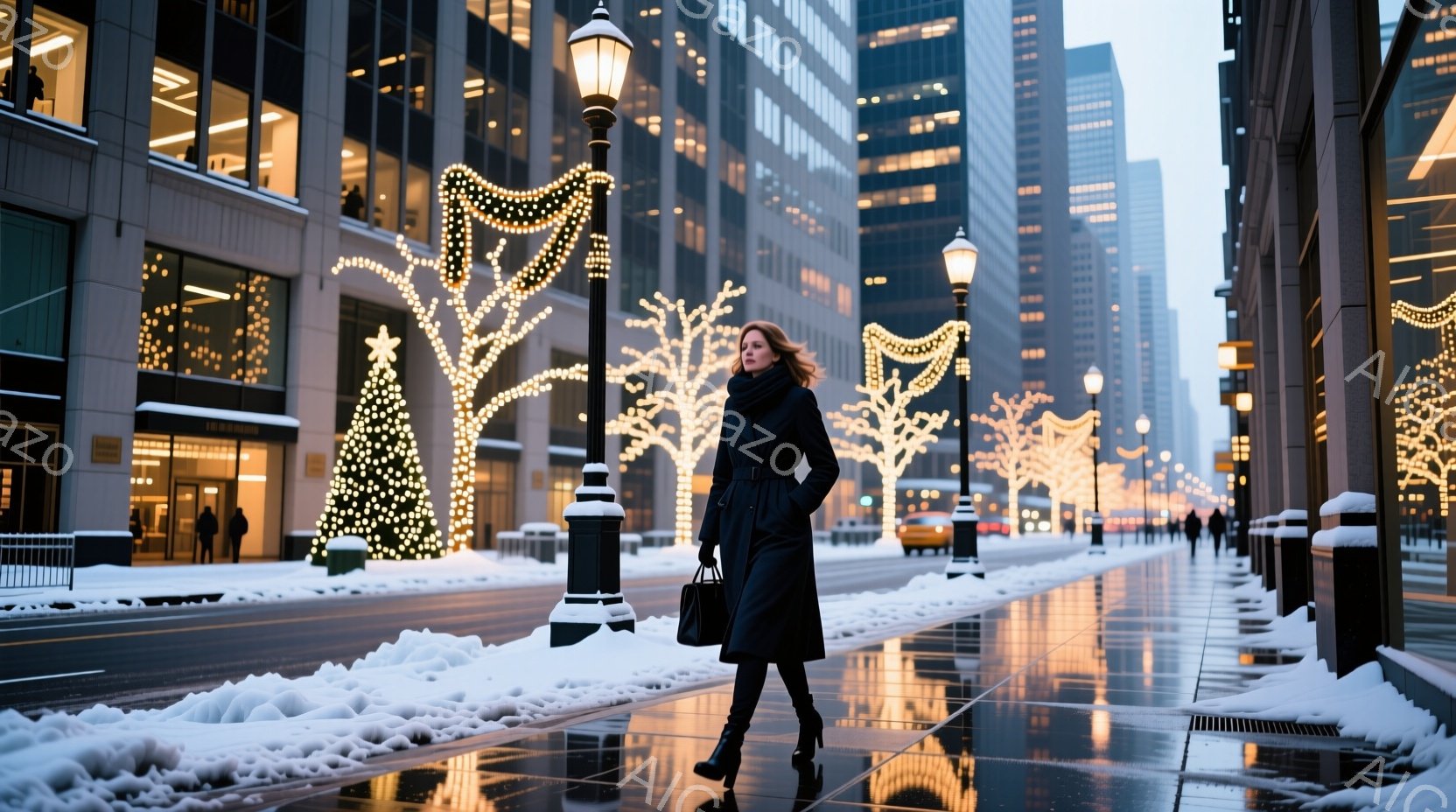 冬の街並みを歩く女性が写っている。彼女は黒のロングコートとブーツを身に着け、髪は肩にかかる程度の長さで、少し風になびいている。背景には雪に覆われた道路と建物が並び、イルミネーションで飾られた木々が暖かさを添えている。