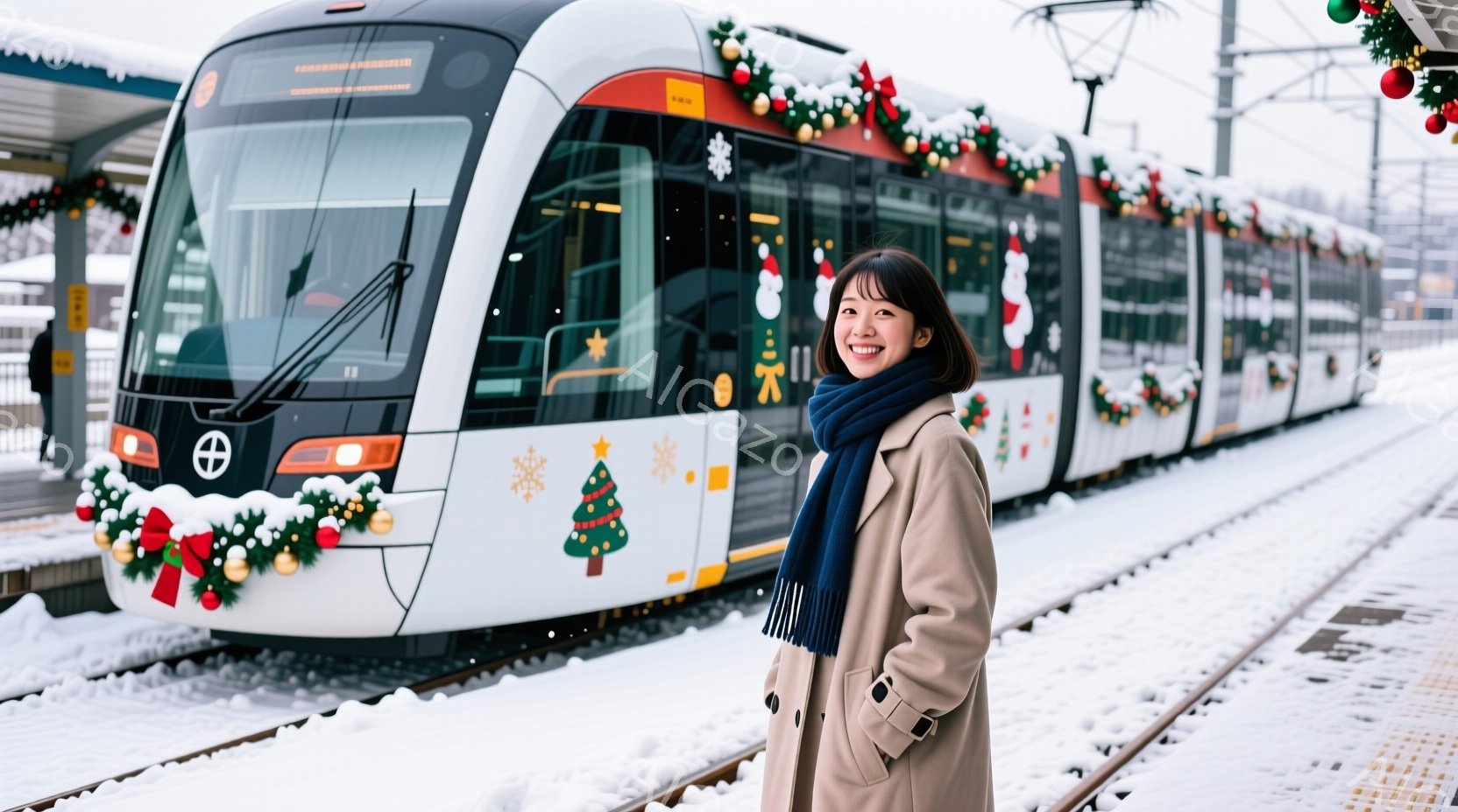 女性はキャメル色のコートと青いスカーフを身につけ、微笑んでいます。彼女は鉄道の前に立っており、鉄道はクリスマス装飾で飾られています。背景は雪景色で、全体的に温かく、お祝いムードの漂う雰囲気です。