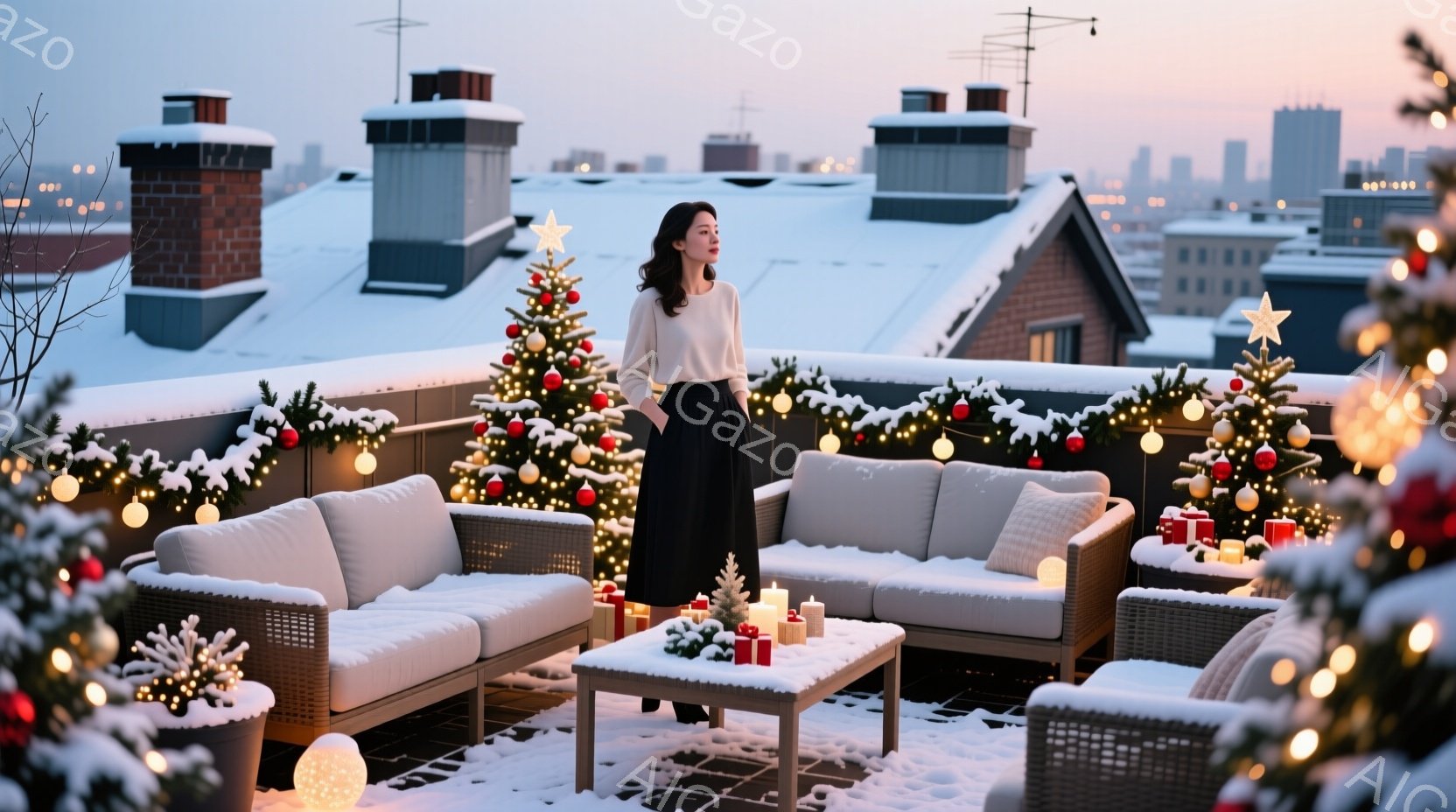屋上には雪が積もり、クリスマスの飾り付けが施されています。女性はオフホワイトのセーターと黒いロングスカートを身につけ、後ろを振り返るように立っています。背景には雪で覆われた建物と、夕焼けのような空が広がっており、温かく幻想的な雰囲気が漂っています。