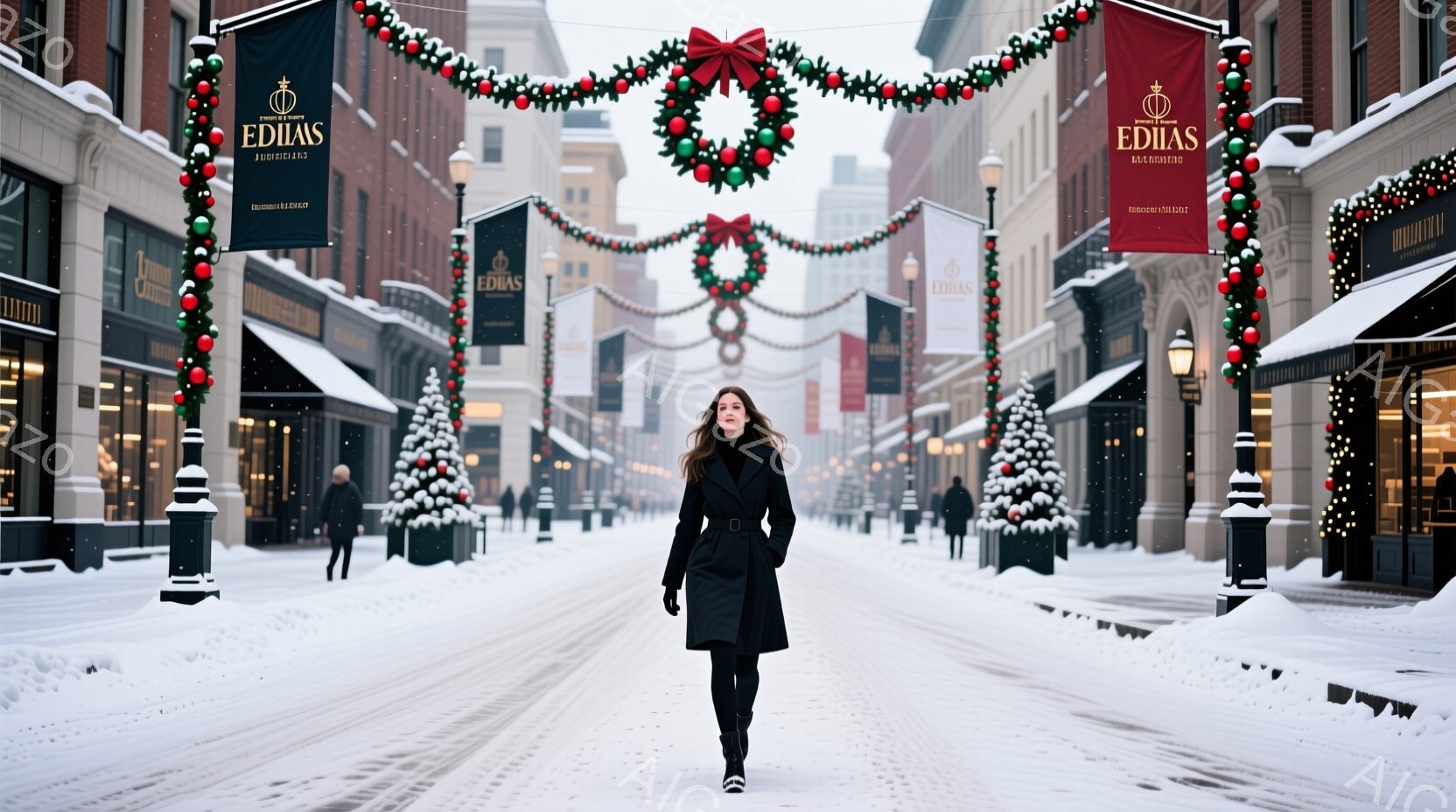雪に覆われた街路を、黒いロングコートを着た女性が歩いている。彼女はストレートの長い髪を持ち、やや下を向いた表情で、冬の寒さと静けさを感じさせる。背景にはクリスマスの装飾が施された建物が並び、雪景色が穏やかな雰囲気を醸し出している。