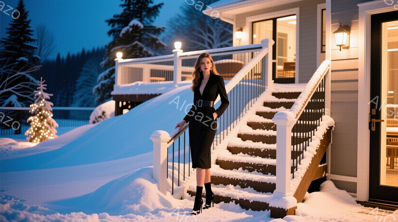 雪に覆われた家の外階段に、黒い膝丈のドレスを着た女性が立っている。彼女は黒いタイツとヒールを履き、髪は肩まで伸びており、凛とした表情をしている。背景は雪景色で、家の周りにはクリスマスツリーの明かりが灯っており、幻想的な冬の雰囲気を醸し出している。