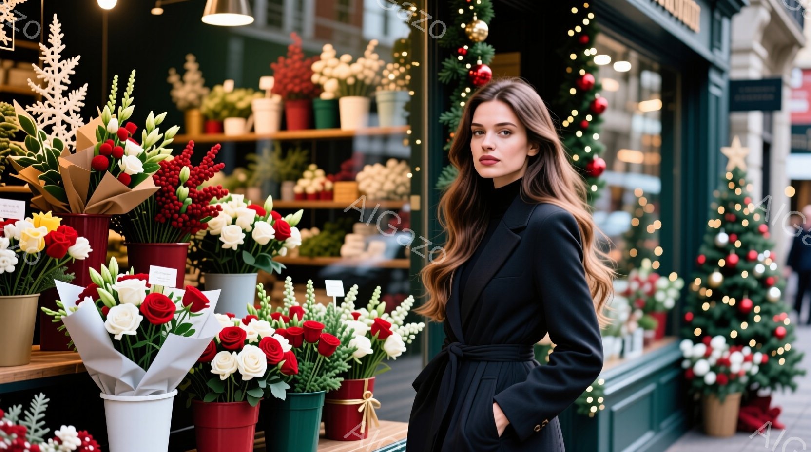 長い茶色の髪を無造作に垂らし、黒いコートを羽織った女性が写っている。彼女は少し不機嫌そうな表情で、片手を腰に当てて立っている。背景には、クリスマスシーズンらしく、赤と白のバラやモミの木で飾られた花屋があり、暖かく華やかな雰囲気を醸し出している。