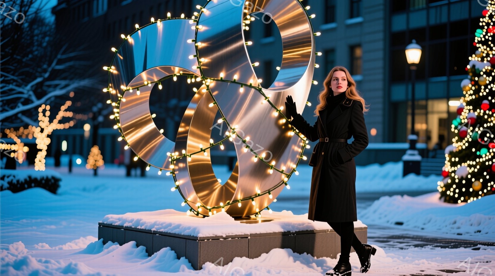 長い黒いコートを着た女性が、光り輝く装飾で囲まれた金属製の彫刻の前に立っている。彼女は片手を腰に当て、もう片手を伸ばして彫刻を見つめているように見える。背景には雪に覆われた公園、点灯されたクリスマスツリー、そしてぼんやりと見える建物があり、冬の夜の華やかな雰囲気を醸し出している。