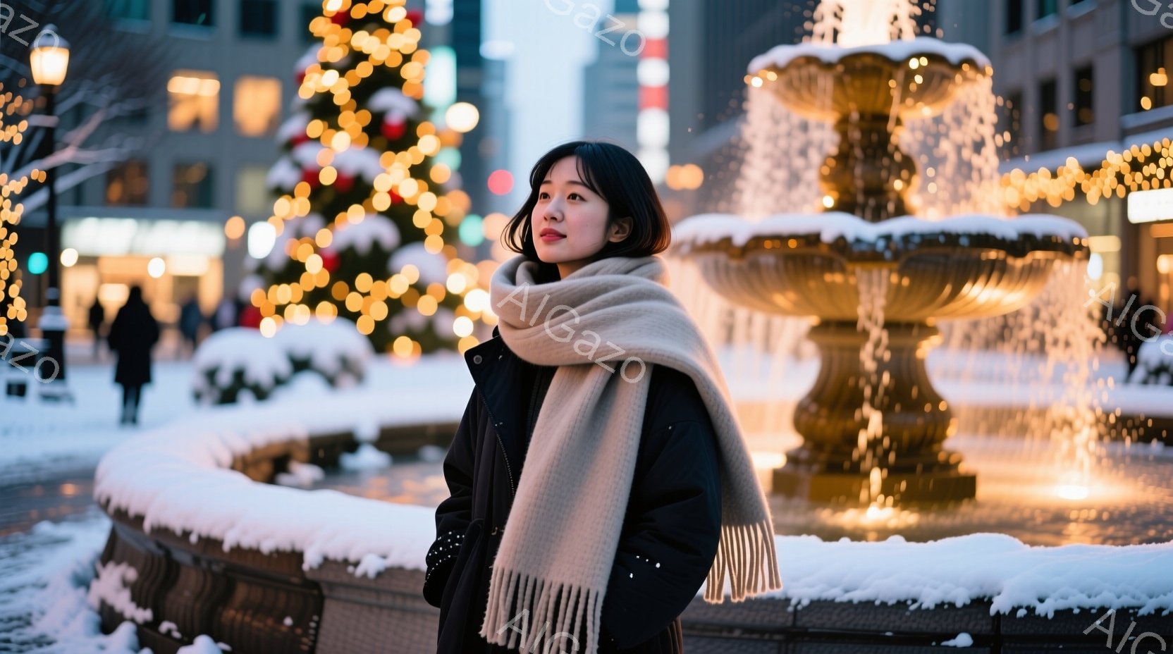画像には、暖かそうなクリーム色のマフラーを巻いた若い女性が写っています。彼女は黒いパフジャケットを着ており、少し横を向いて何かを見つめています。背景には、雪で覆われた噴水と、クリスマスツリーの光が輝く街並みが広がっており、冬の夜の穏やかな雰囲気が漂っています。