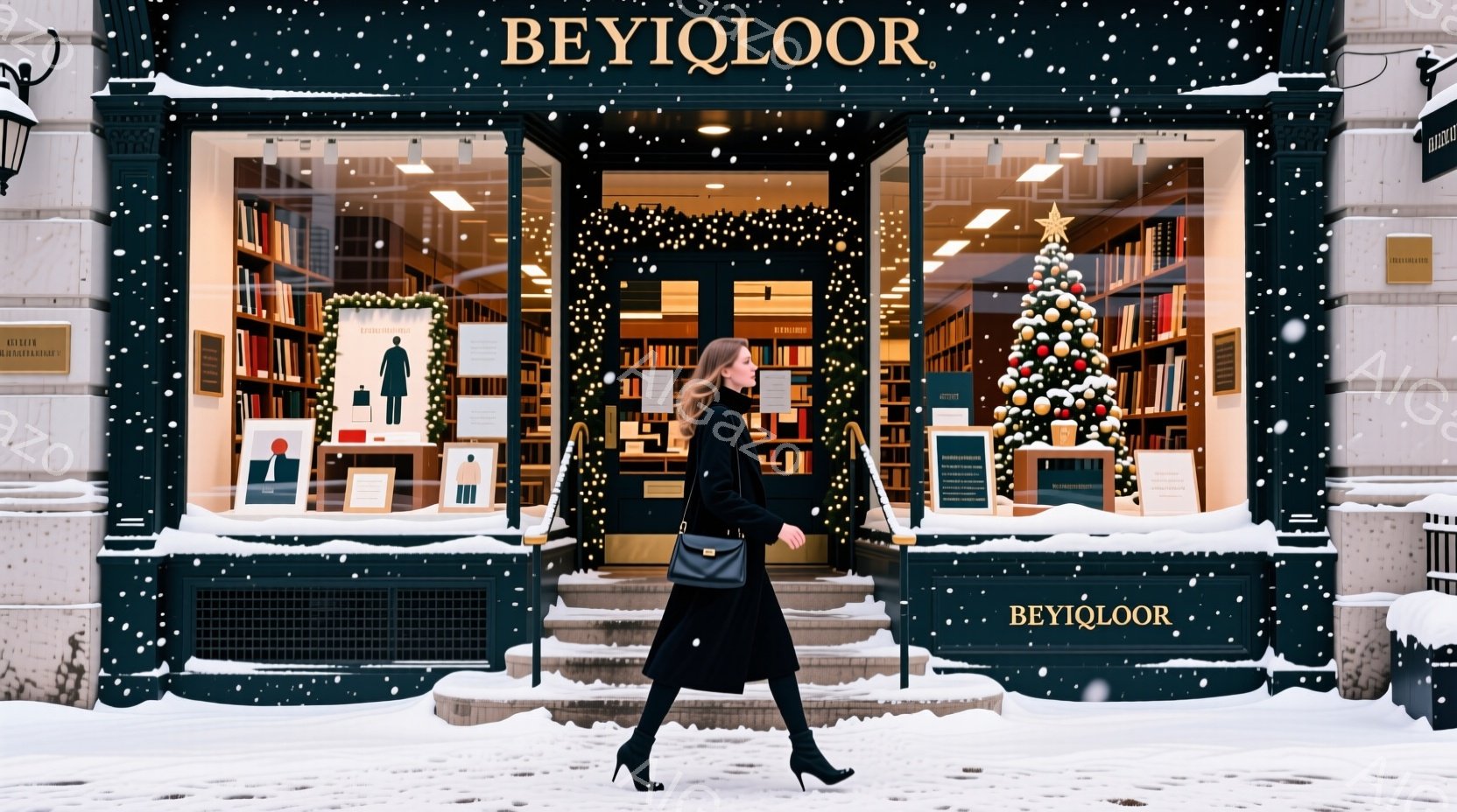 雪が降る中、女性が街路を歩いている様子が捉えられている。彼女は黒いコートとブーツを身に着け、髪は後ろで一つにまとめられている。背景には、クリスマスの飾り付けがされたショーウィンドウと、古典的な建築様式の建物が見え、冬の穏やかな雰囲気が漂っている。
