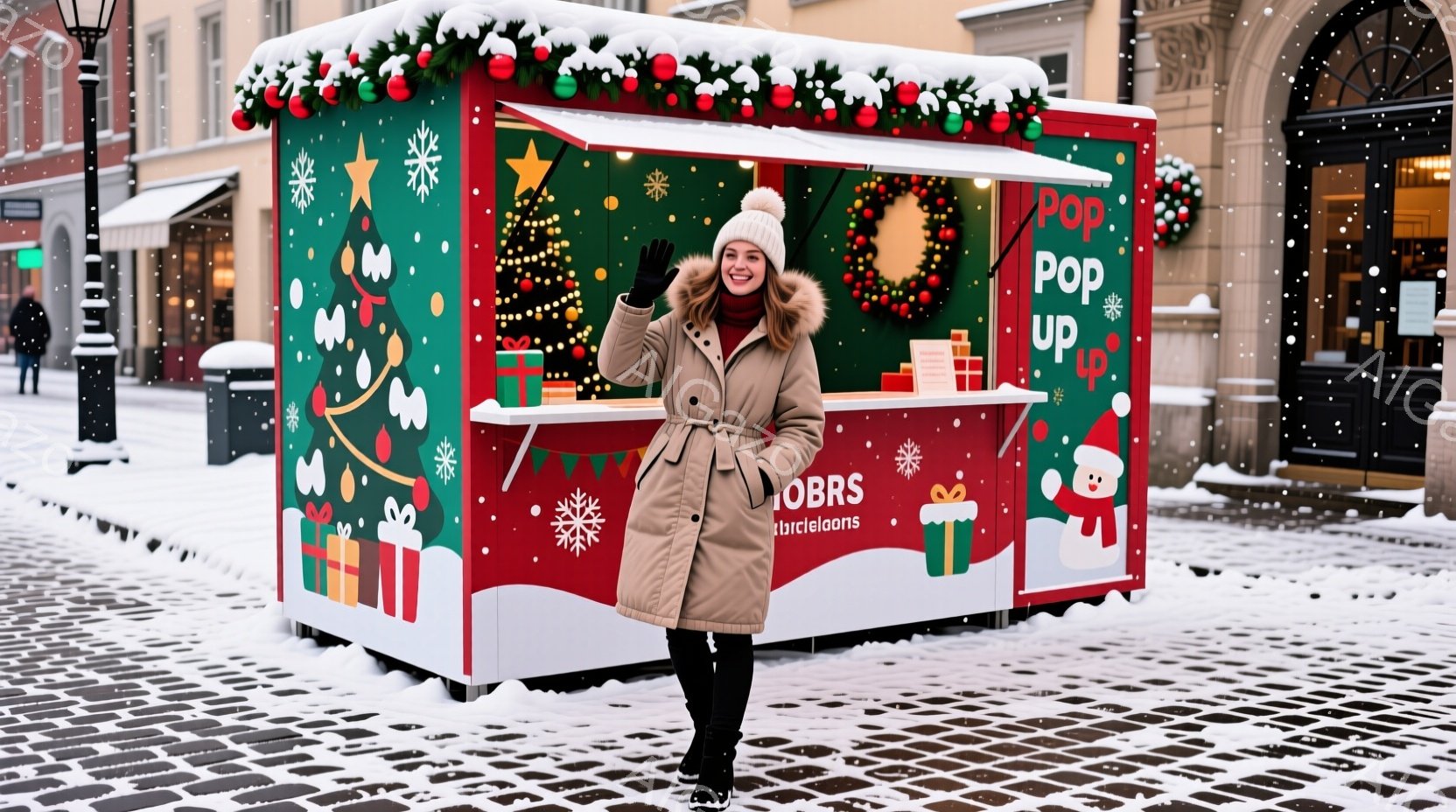 暖炉のような装飾が施された屋台の前に、ベージュ色のロングコートを着た女性が立っています。彼女は片手を上げて笑顔を見せており、黒いズボンとブーツを履いています。背景には石畳の道と、雪が降る冬の街並みが見え、クリスマスの装飾が施された建物がぼんやりと見えます。