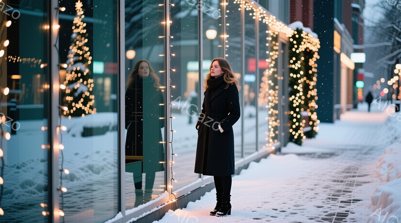 長い黒いコートを着た女性が、クリスマスライトで飾られたショーウィンドウの前に立っている。彼女は横を向いて何かを見つめており、少し物憂げな表情をしている。背景は雪に覆われた通りで、ぼんやりと建物や他の歩 - AI生成フリー素材