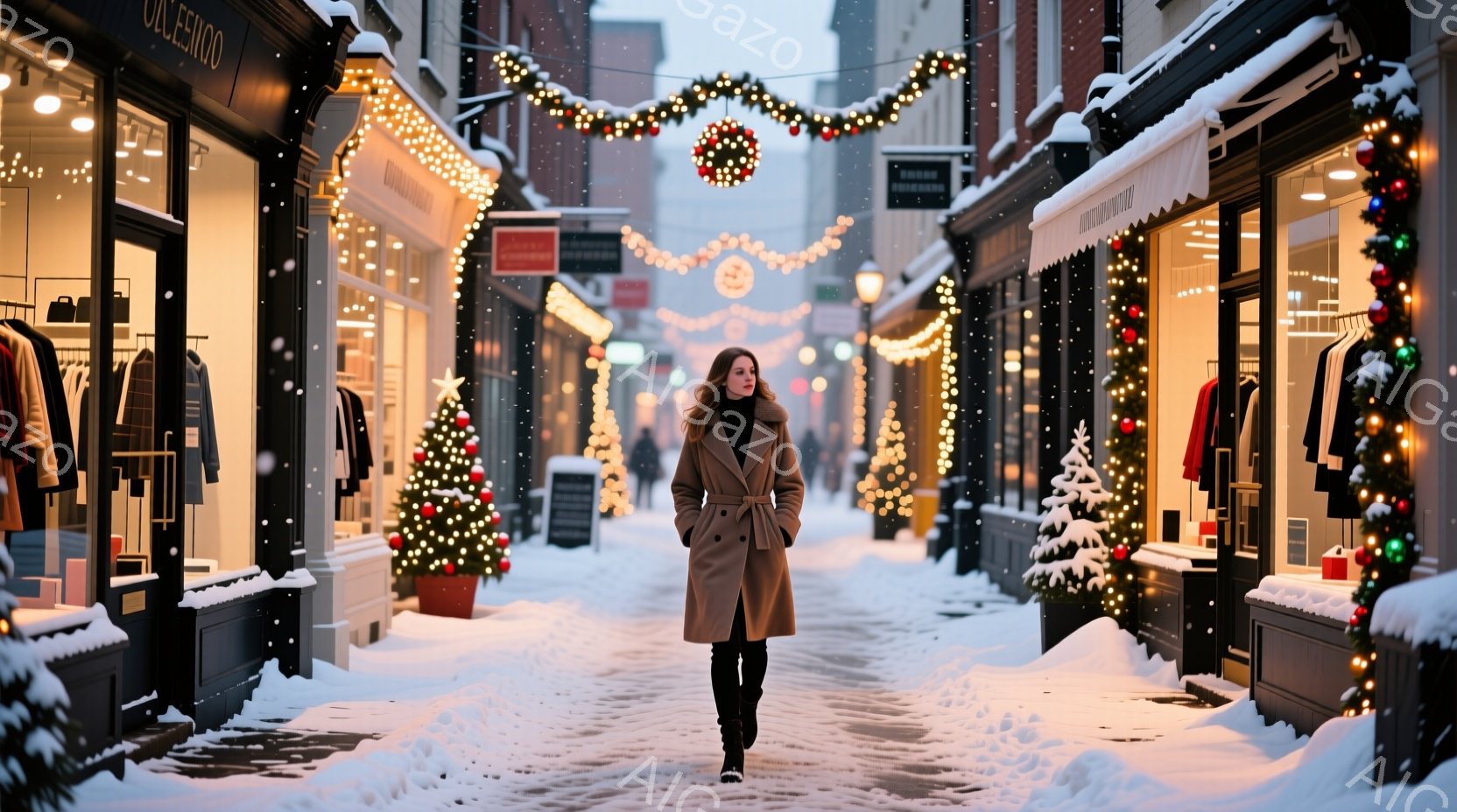 長いキャメル色のコートを着た女性が、雪に覆われた街路を歩いている。彼女は前を見つめ、穏やかな表情で、落ち着いた姿勢で歩いている。背景にはクリスマス装飾が施された店が並び、雪が舞い散る冬の暖かく穏やかな雰囲気を醸し出している。