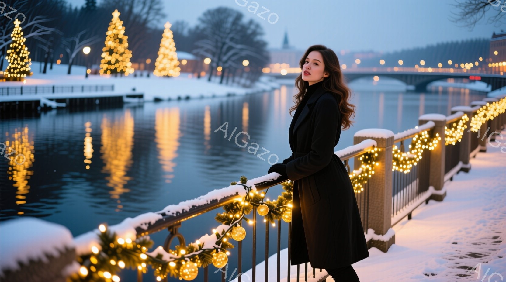 長い黒いコートを着た女性が、雪で覆われた手すりに寄りかかっている。彼女は長い巻き毛の髪を持ち、わずかに微笑んでいる。背景には、イルミネーションで飾られた木々と、雪に覆われた川と橋が見え、冬の穏やかな雰囲気を醸し出している。