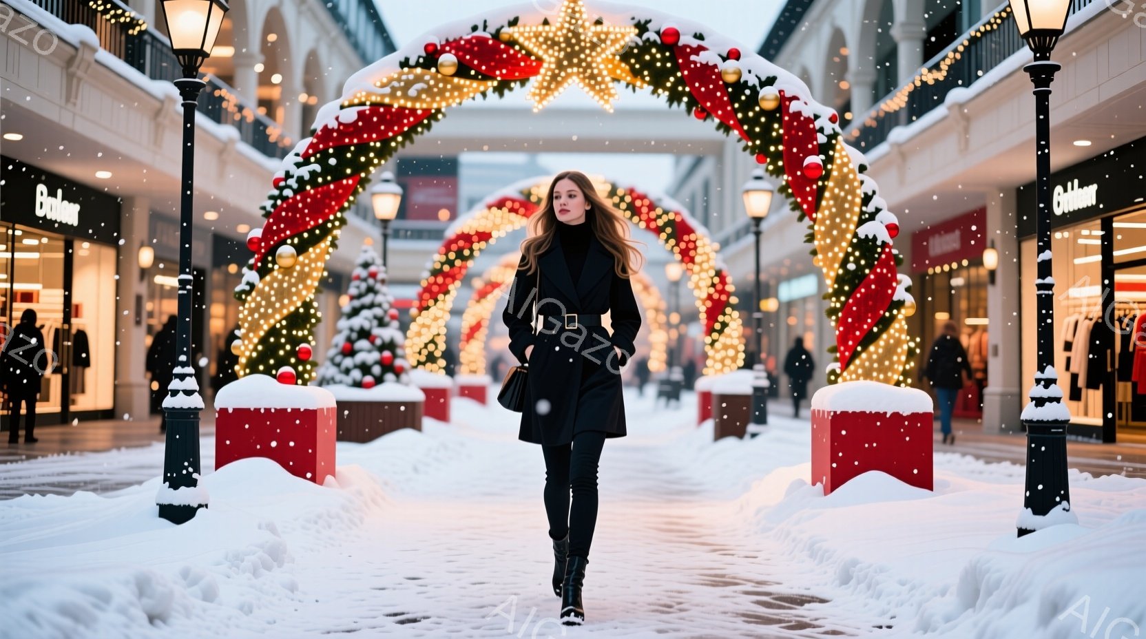 長い黒いコートを羽織った女性が、雪が舞う装飾された通りを歩いている。彼女はストレートヘアで、わずかに微笑んでおり、黒いブーツを履いている。背景にはクリスマスツリーやイルミネーションで飾られた建物が並び、雪景色が冬の暖かい雰囲気を醸し出している。