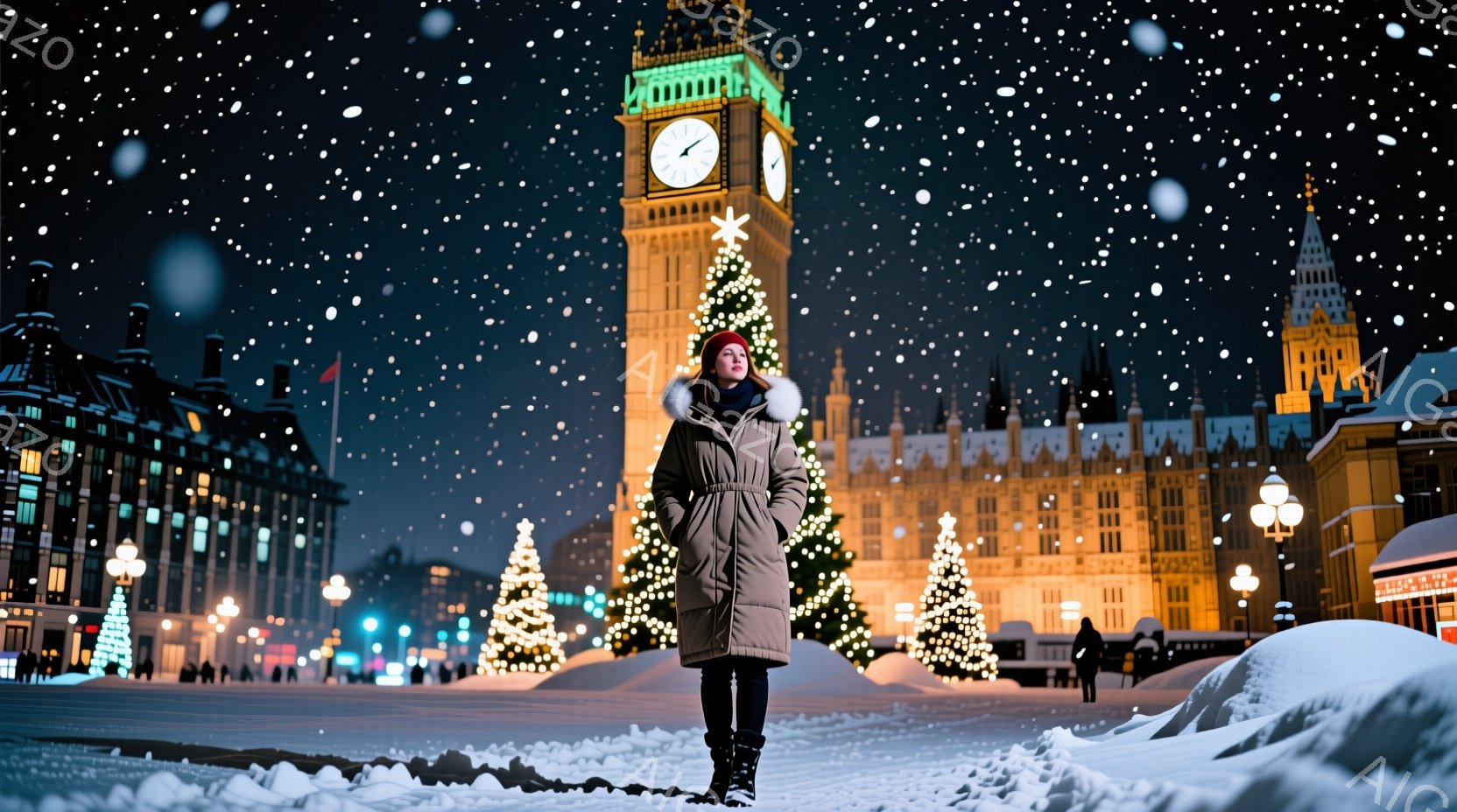 厚手の冬のコートを着て、赤い帽子をかぶった女性が雪に覆われた広場に立っている。彼女は正面をまっすぐ見ており、表情は穏やかで、姿勢はリラックスしている。背景には、ライトアップされた国会議事堂とクリスマスツリーが立ち並び、雪が舞い散る夜のロンドンを示している。