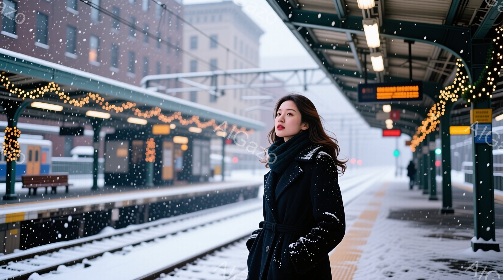 雪が降る鉄道のプラットフォームに、黒いコートを着た女性が立っている。彼女は少し横を向き、口元を軽く結び、憂いを帯びた表情をしている。背景には雪に覆われた建物と線路が広がり、プラットフォームには黄色の電飾が飾られ、冬の静かで物憂げな雰囲気を醸し出している。