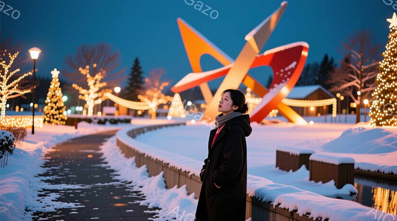 長い黒いコートを着た女性が、雪に覆われた遊歩道に立っている。彼女は少し上を見上げ、穏やかな表情をしている。背景には、明るい光で照らされた彫刻、雪に覆われた木々、そして遠くに建つ建物が見え、冬の夜の静かで美しい雰囲気を醸し出している。