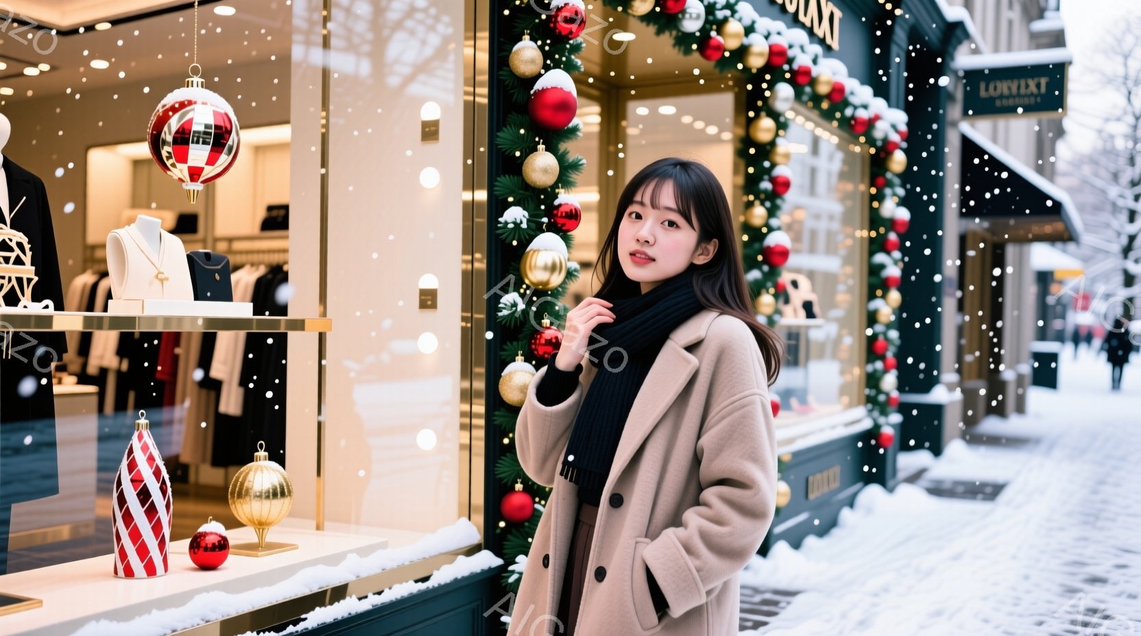 画像には、ベージュ色のコートを着て、黒いニット帽を被った若い女性が写っています。彼女はショーウィンドウの前に立ち、少し微笑んでおり、冬の装飾が施された賑やかな通りが背景に見えます。雪が舞っており、クリスマスの雰囲気が漂う、暖かく穏やかな光景です。
