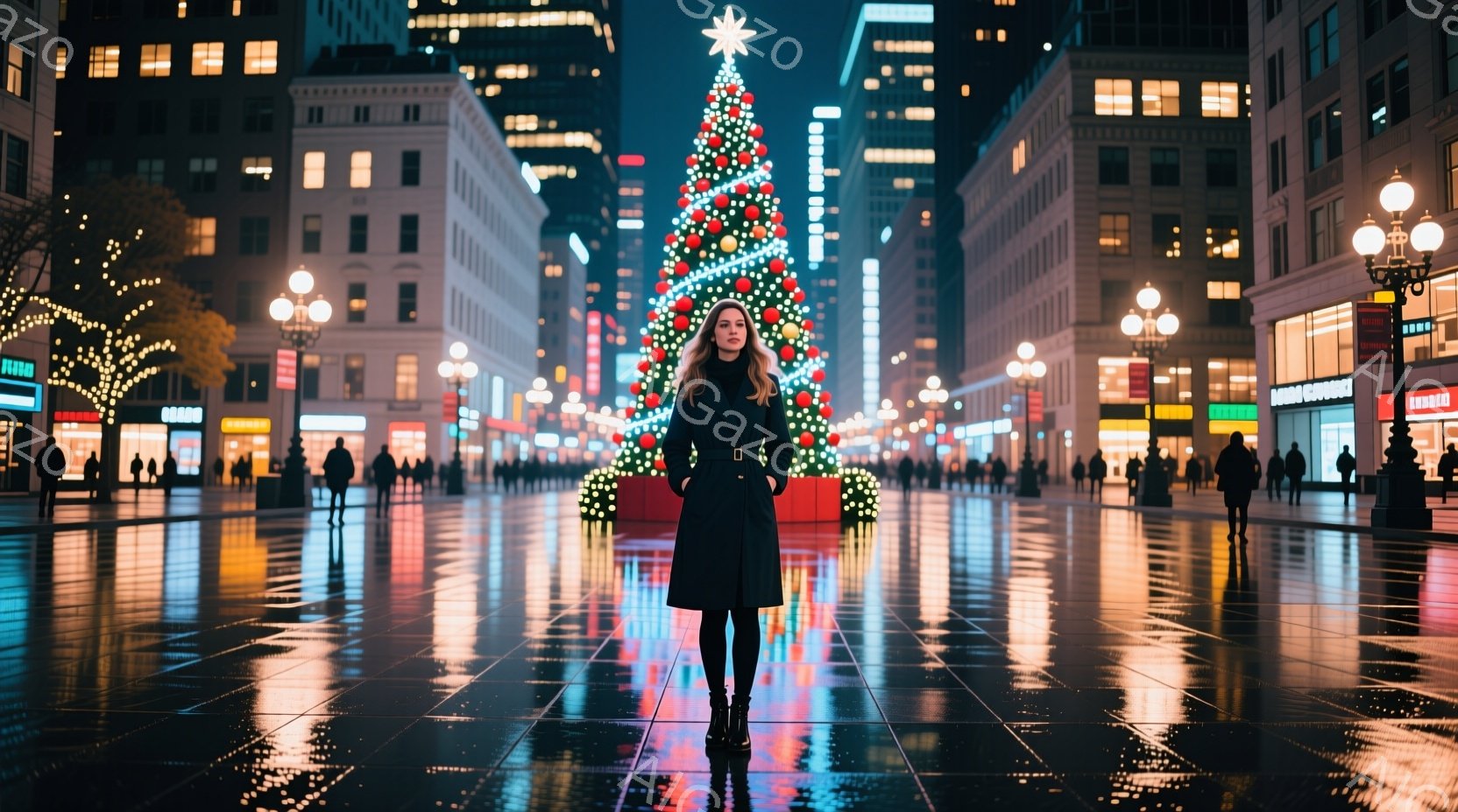 広場の中央に立つ女性は、黒いロングコートを着用し、ストレートの長い髪をしています。彼女は正面を向き、やや微笑んでいるように見え、落ち着いた雰囲気を醸し出しています。背景には、クリスマスツリーが輝き、周囲の建物や道路が濡れたアスファルトに反射して、華やかで幻想的な夜の雰囲気を演出しています。