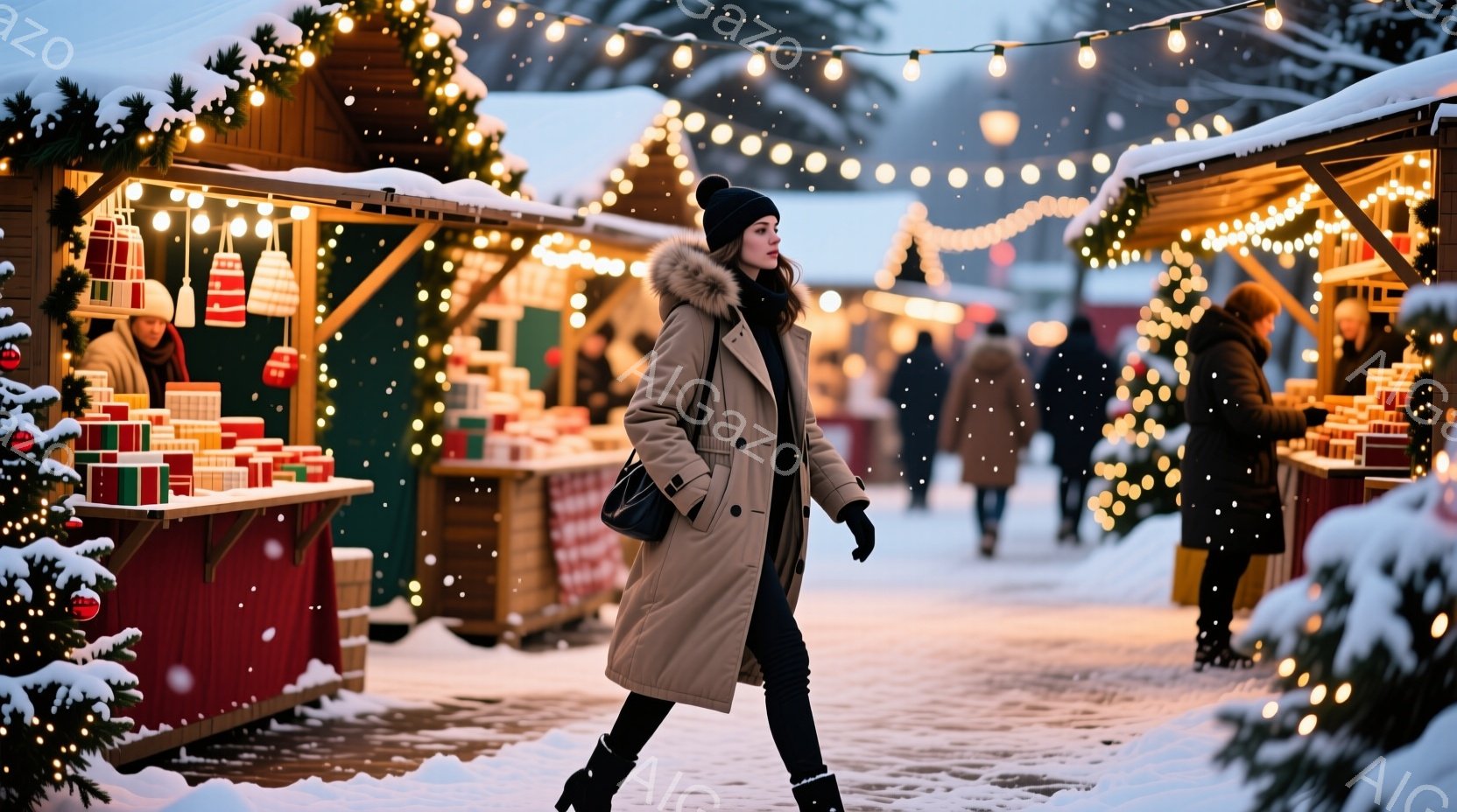 画像には、クリスマスマーケットのような場所を歩く女性が写っています。彼女はベージュ色のファー付きコート、黒いレギンス、ブーツを着用し、黒いニット帽を被っています。背景には、装飾された屋台やぼんやりと見える人々、そして雪が降る冬の風景が広がっており、温かく、お祭り騒ぎのような雰囲気を醸し出しています。