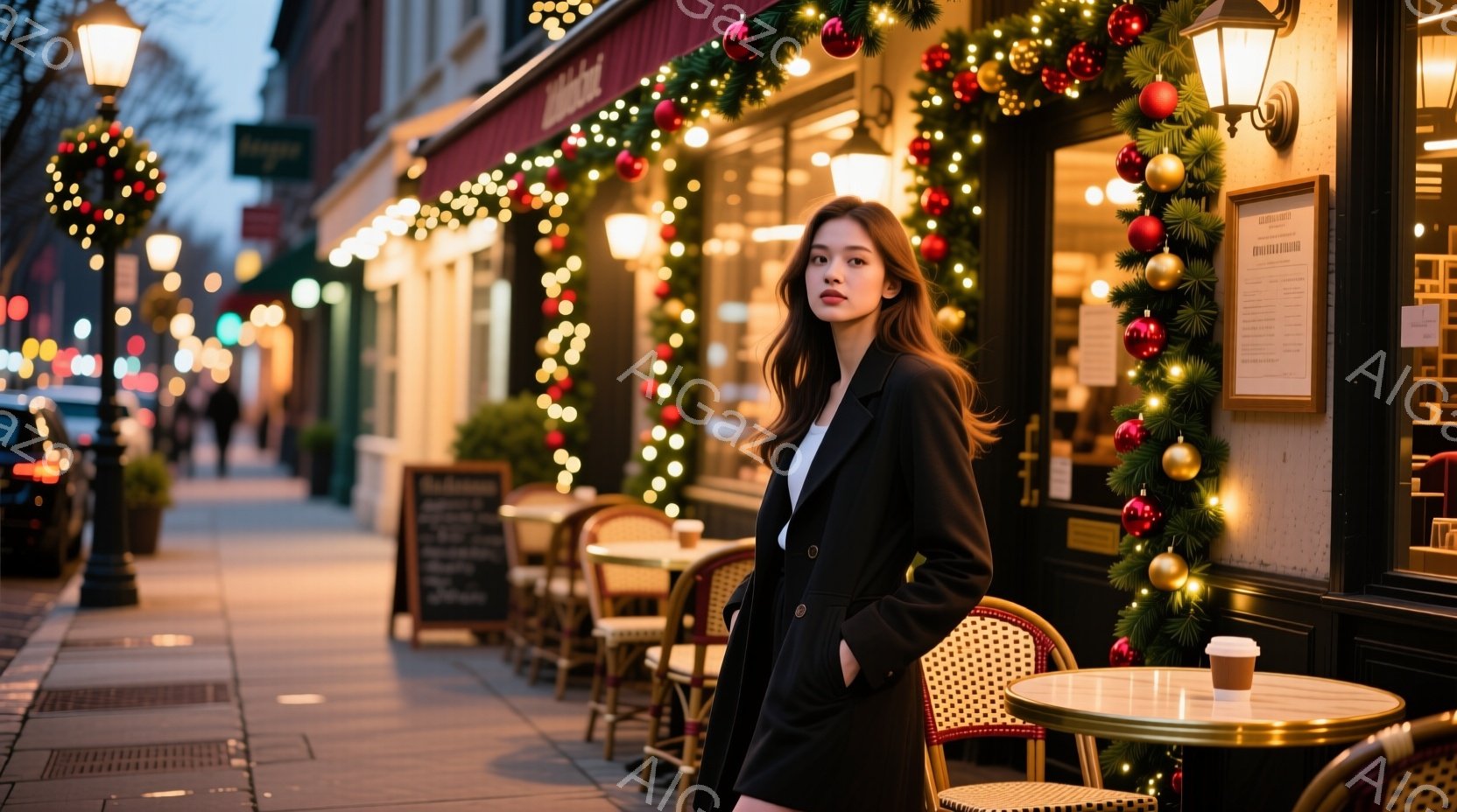 長い髪の女性が黒いコートを着て、外を歩いています。彼女は片手をポケットに入れ、リラックスした姿勢で、少し憂いのある表情をしています。背景にはクリスマス装飾が施されたカフェがあり、暖色系の照明が灯り、冬の夜の静かでロマンチックな雰囲気を醸し出しています。