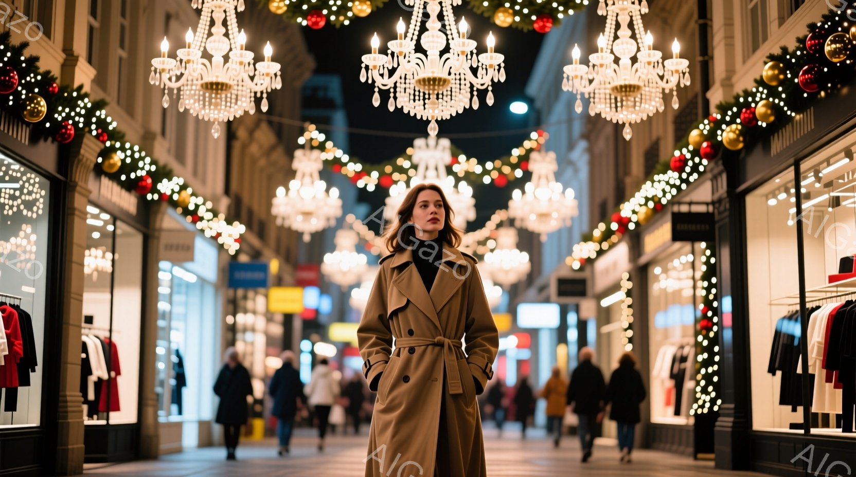 画像には、トレンチコートを着た女性が写っており、両手をポケットに突いて立っている。背景には、クリスマスの装飾が施された賑やかな通りが広がり、ぼやけた人々の姿が見える。全体的に、温かく華やかな冬の街並みが印象的である。