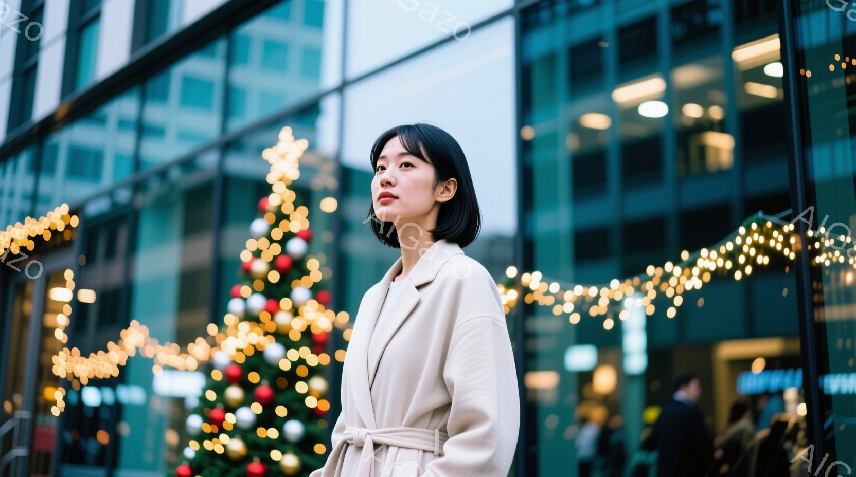 画像には、ベージュ色のコートを着た若い女性が写っている。彼女は黒髪のショートボブで、少し上を見ている表情はどこか思索的だ。背景には、クリスマスツリーと光の装飾が施された近代的な建物が見え、冬の穏やかな - AI生成フリー素材