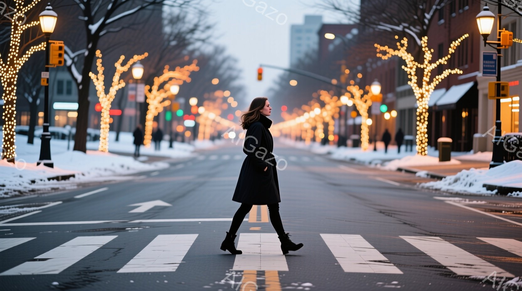 雪が降った後の街並みを、黒いコートを着た女性が横断歩道を歩いている。彼女はダークブラウンの髪を肩まで伸ばし、少し前かがみの姿勢で歩いており、表情ははっきりと見えない。背景には、クリスマスイルミネーションで飾られた街路樹が立ち並び、薄暗い空と雪景色が冬の落ち着いた雰囲気を醸し出している。