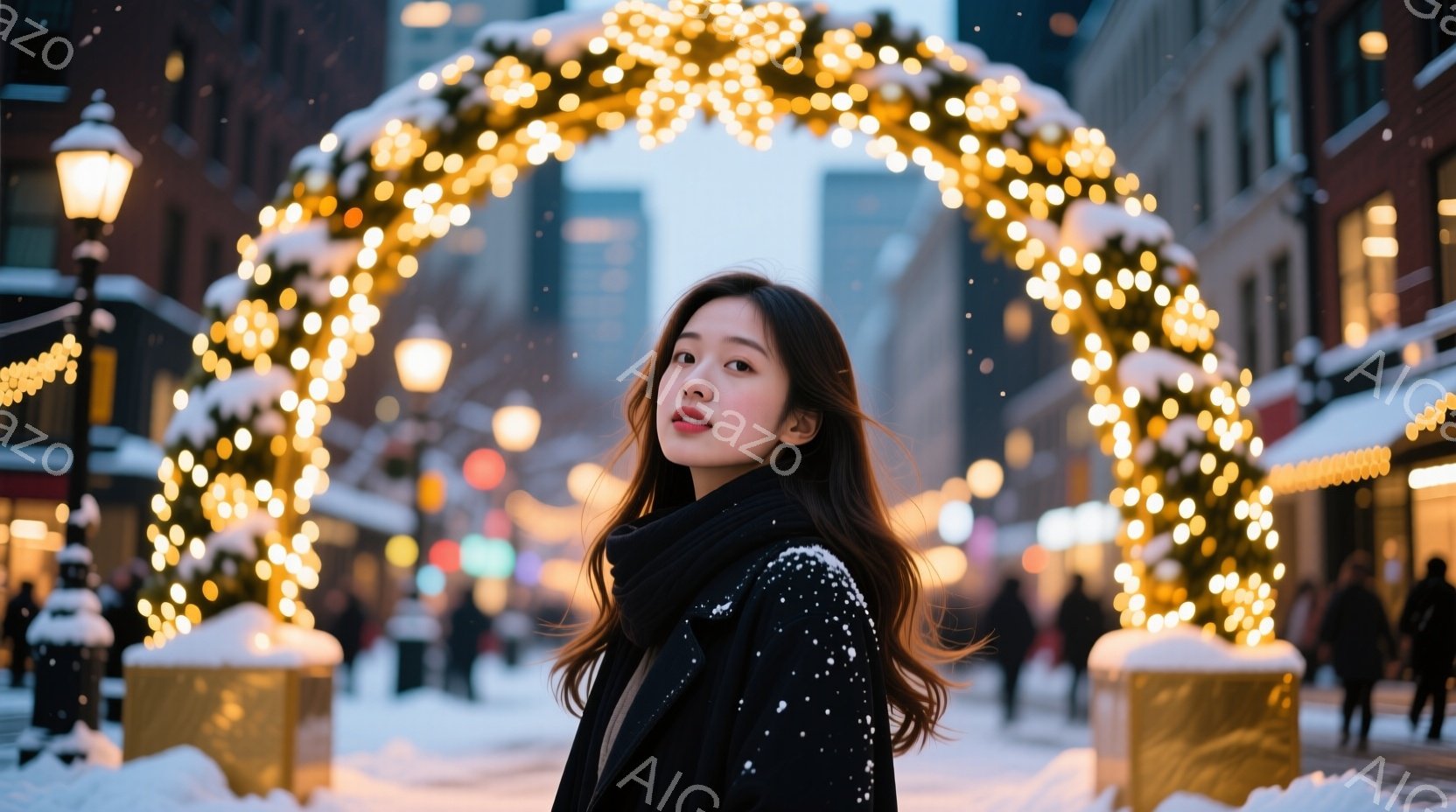 長い茶色の髪を肩から下まで伸ばした若い女性が写っています。彼女は黒いコートとスカーフを着ており、少し微笑んでカメラを見ています。背景には、冬のイルミネーションで飾られた街並みがあり、雪が降っている様子 - AI生成フリー素材