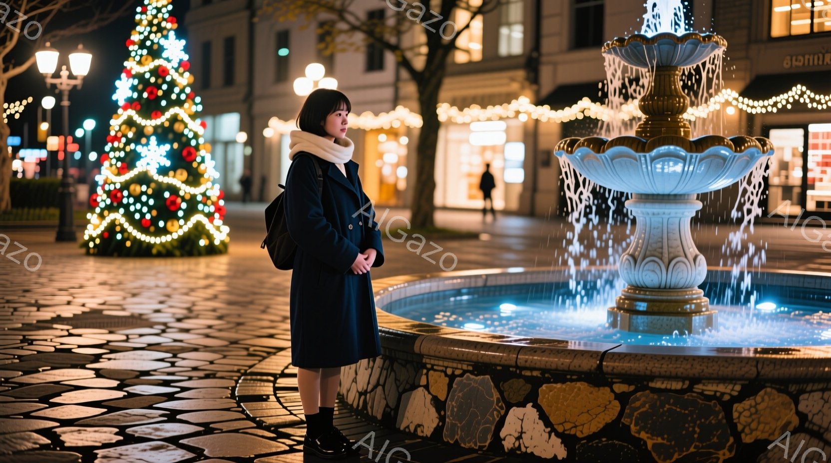 長いコートとスカートを身につけた若い女性が、光り輝く噴水の前に立っている。彼女は黒髪で、顔ははっきりと見えないが、物思いにふけるような姿勢を見せている。背景にはクリスマスツリーが飾られ、石畳の広場は夜の光に照らされ、冬の静かな雰囲気を醸し出している。