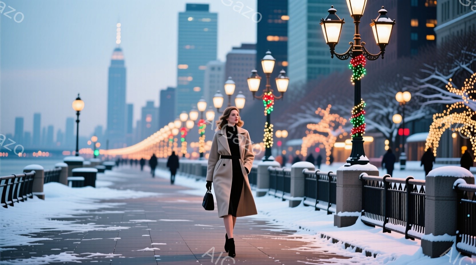 長いベージュのコートを着た女性が、雪景色の中の遊歩道を歩いている。彼女は黒いハンドバッグを持ち、エレガントな雰囲気で、背景にはニューヨークのスカイラインと、クリスマス装飾された街灯が並んでいる。雪が降り積もり、冬の静寂と都市の煌めきが混ざり合った、洗練された雰囲気の画像である。