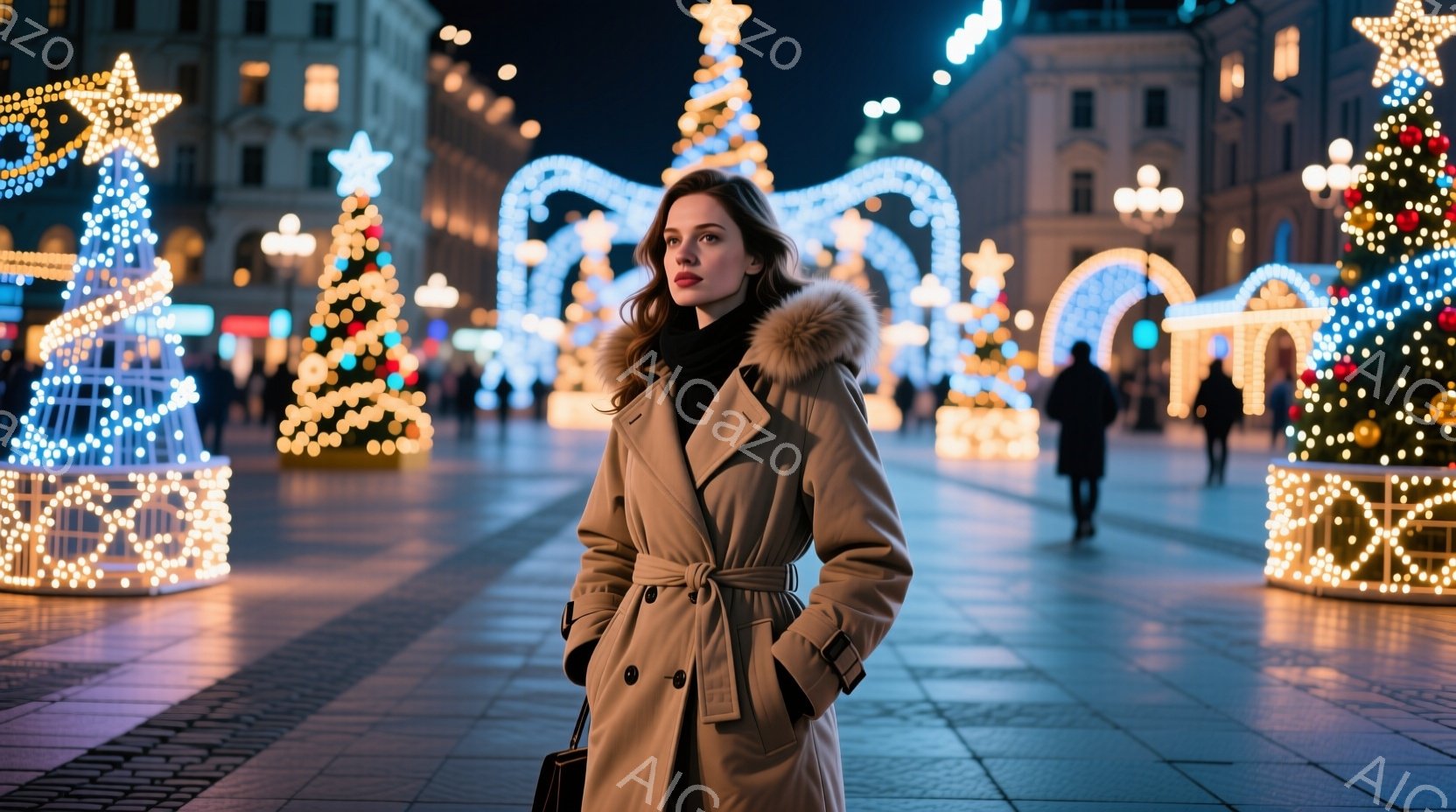 長いベージュ色のコートを羽織り、ベルトでウエストを締め、髪を後ろに流した女性が写っている。彼女はわずかに微笑んでおり、落ち着いた表情で正面を見つめている。背景にはクリスマスのイルミネーションで飾られた - AI生成フリー素材