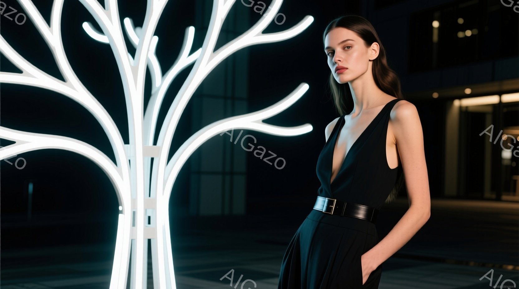 画像には、黒いジャンプスーツを着た女性が写っています。彼女はベルトでウエストを締め、片手をポケットに突っ込んでおり、自信に満ちた表情でカメラを見つめています。背景には、光る白い木のオブジェと、ぼやけた建物のシルエットがあり、モダンで洗練された雰囲気を醸し出しています。
