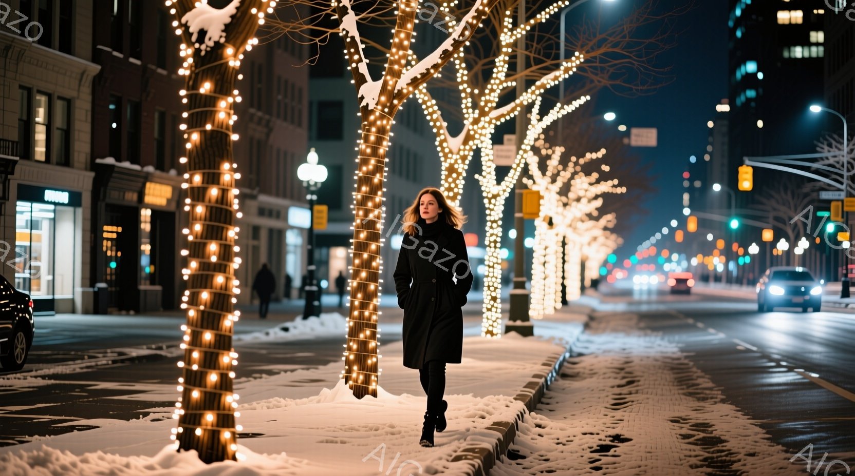 長い黒いコートを着た女性が、雪に覆われた街路を歩いている。彼女は肩までの長さのブロンドヘアで、やや前を向いて歩いている様子から、どこか思慮深い表情がうかがえる。背景には、イルミネーションで飾られた木々と、遠くに見える街の明かりが広がっており、冬の夜の静かで幻想的な雰囲気を醸し出している。