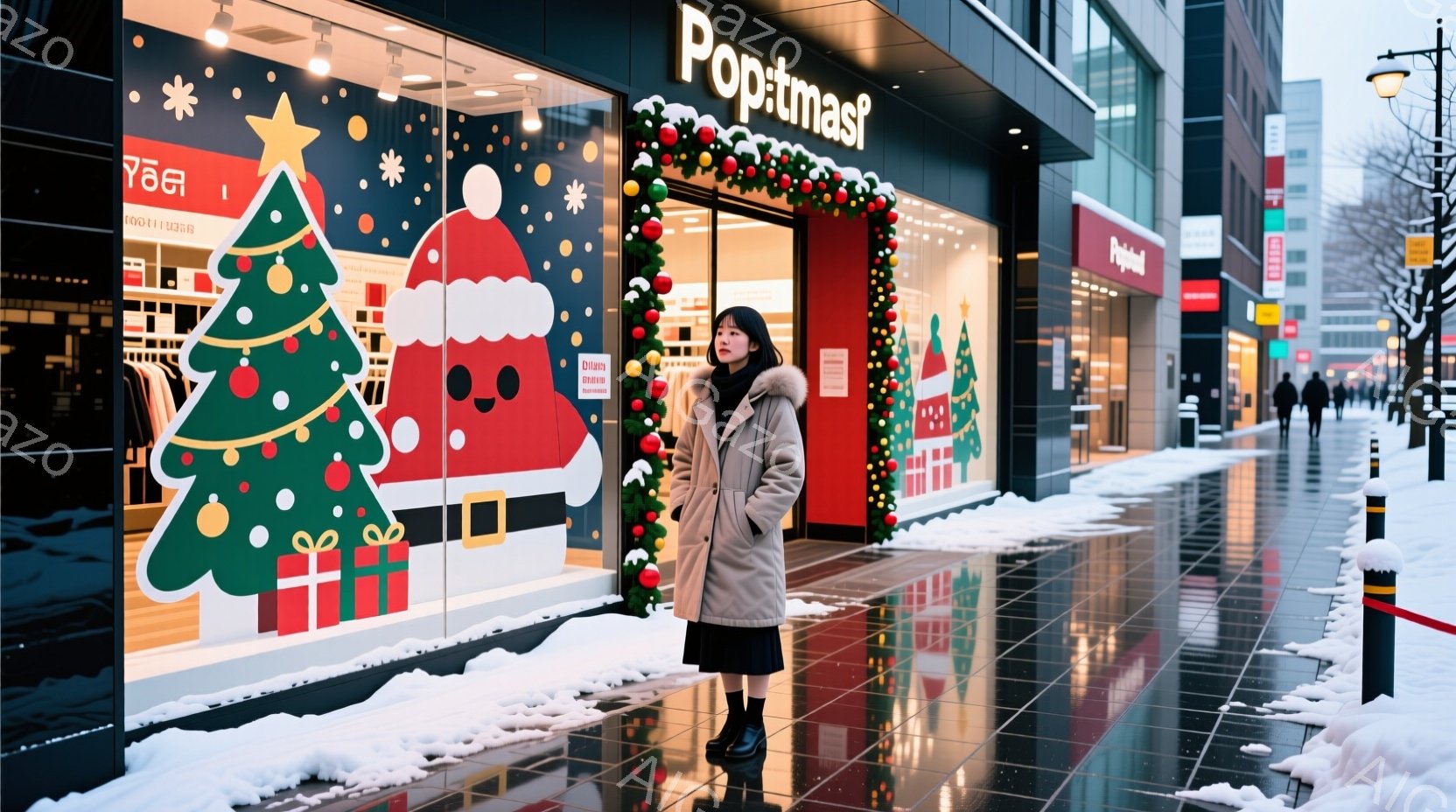 画像には、冬の街並みに佇む女性が写っています。彼女はベージュ色のコートと黒いスカートを身につけ、ピンク色のブーツを履いており、髪はコートの中に隠れています。背景にはクリスマス装飾が施された店があり、雪が降る寒い冬の日の雰囲気が漂っています。