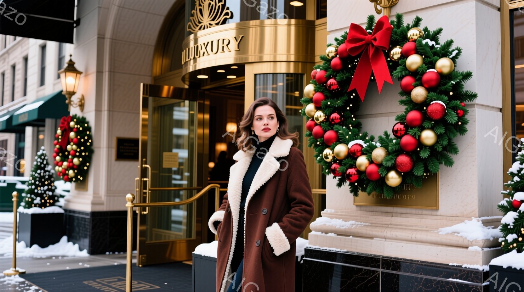 チョコレート色のファーの襟付きコートを羽織った女性が、クリスマスの飾り付けがされた建物の前に立っています。彼女は少し横を向き、落ち着いた表情で、優雅な雰囲気を醸し出しています。背景には、クリスマスツリ - AI生成フリー素材
