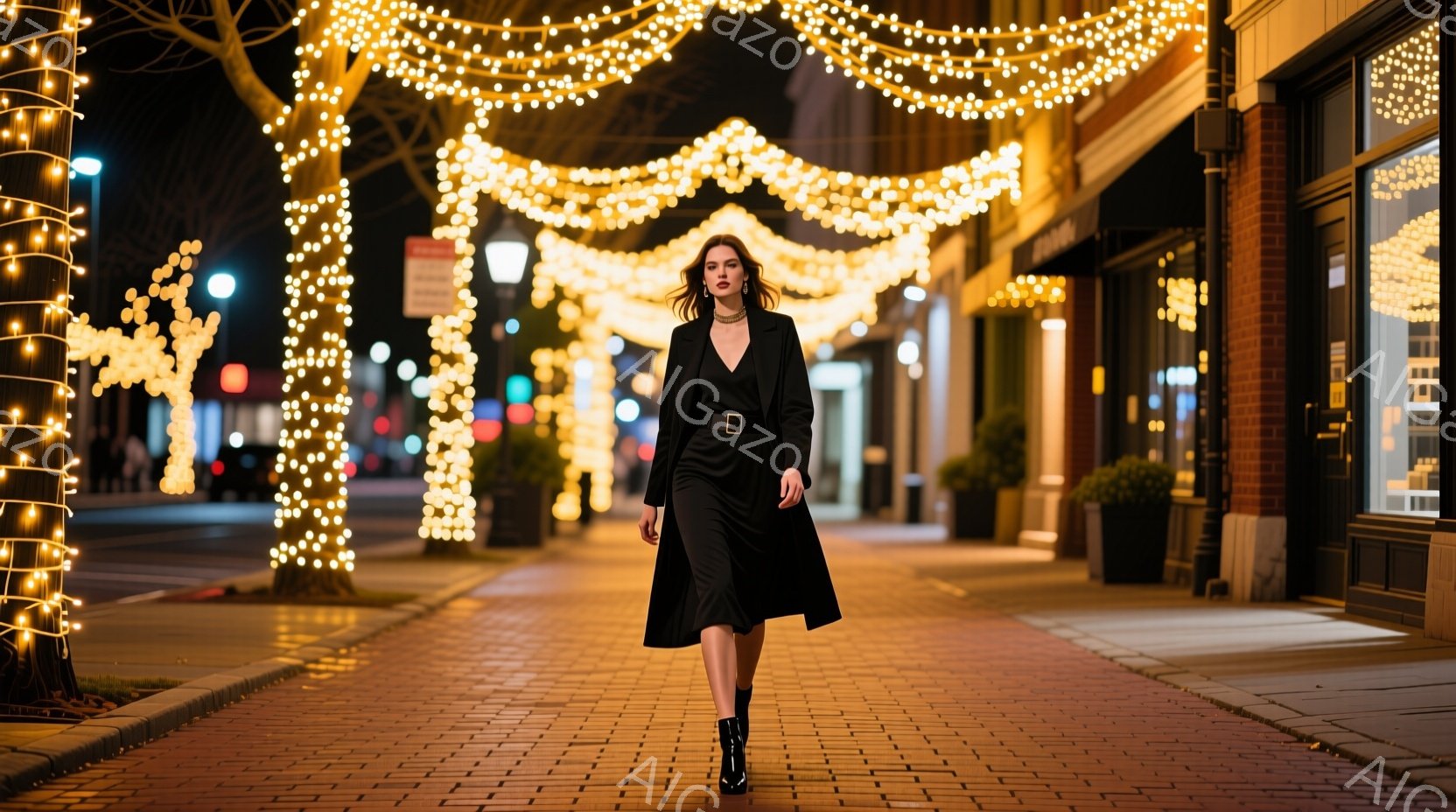 黒いミディ丈のワンピースにベルトを締めた女性が、レンガ造りの歩道の中央をまっすぐ歩いている。彼女は黒いブーツを履き、髪を後ろでまとめているが、表情は少しクールで、どこか自信に満ちているように見える。背景にはクリスマスのイルミネーションが輝き、夜の街並みが温かく照らされている。