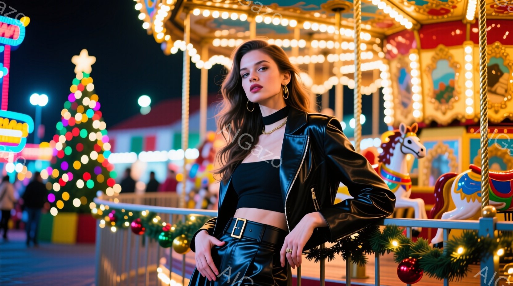 長い茶色の髪を無造作に垂らし、黒いレザージャケットとクロップド丈のトップス、そしてハイウエストのジーンズを身につけた女性が写っている。彼女は柵にもたれかかっており、少し横を向いてカメラを見つめており、自信に満ちた表情を浮かべている。背景には、ライトアップされたメリーゴーランドやクリスマスツリーがぼやけており、華やかで夜の遊園地のような雰囲気である。