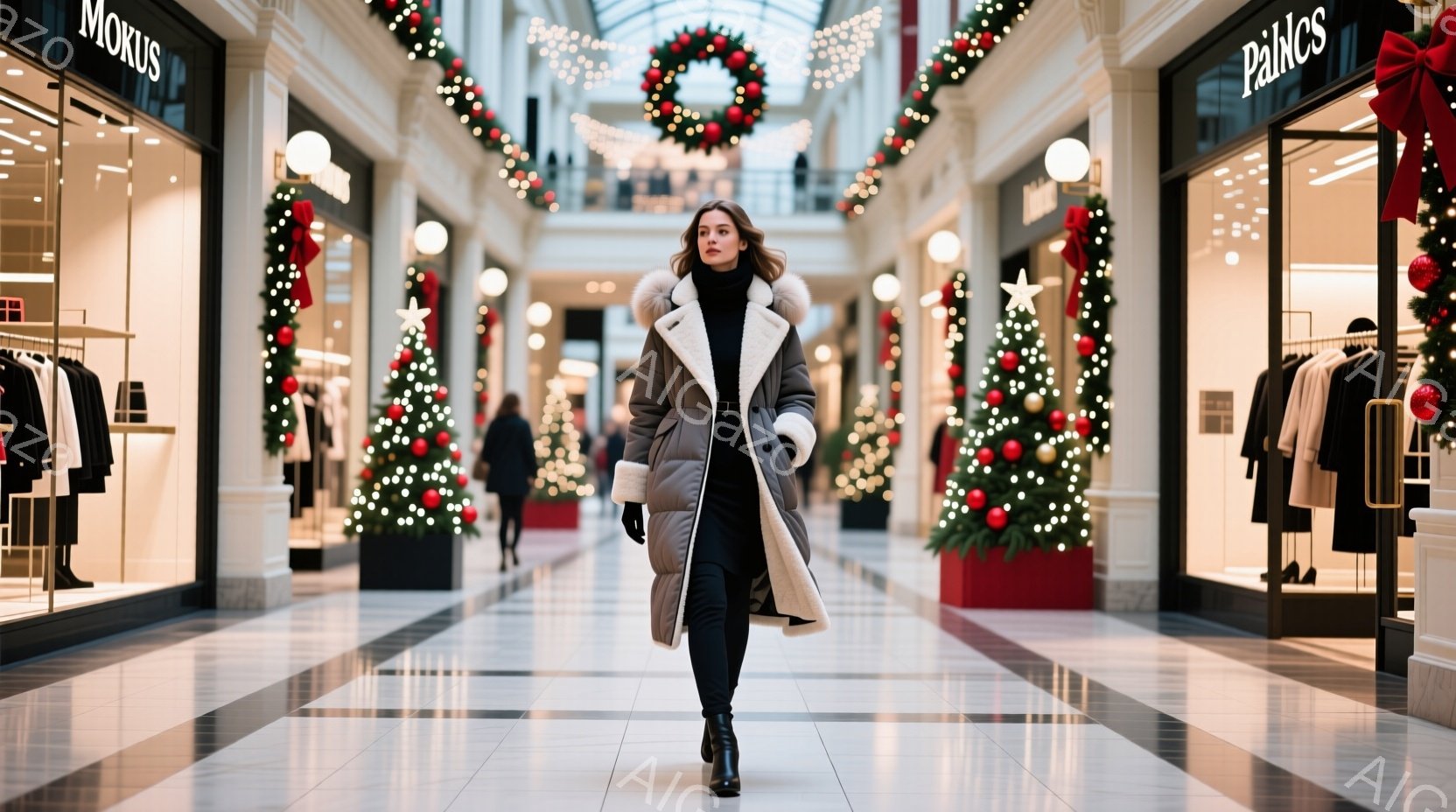 長い白いファー付きのコートを着た女性が、クリスマス装飾が施されたショッピングモールの通路を歩いている。彼女は黒いタイツとブーツを履き、前を向いており、表情ははっきりと見えないが、落ち着いているように見える。ショッピングモールはクリスマスツリーや花輪で飾られ、明るく華やかな雰囲気で、通路の床は白とグレーの模様になっている。