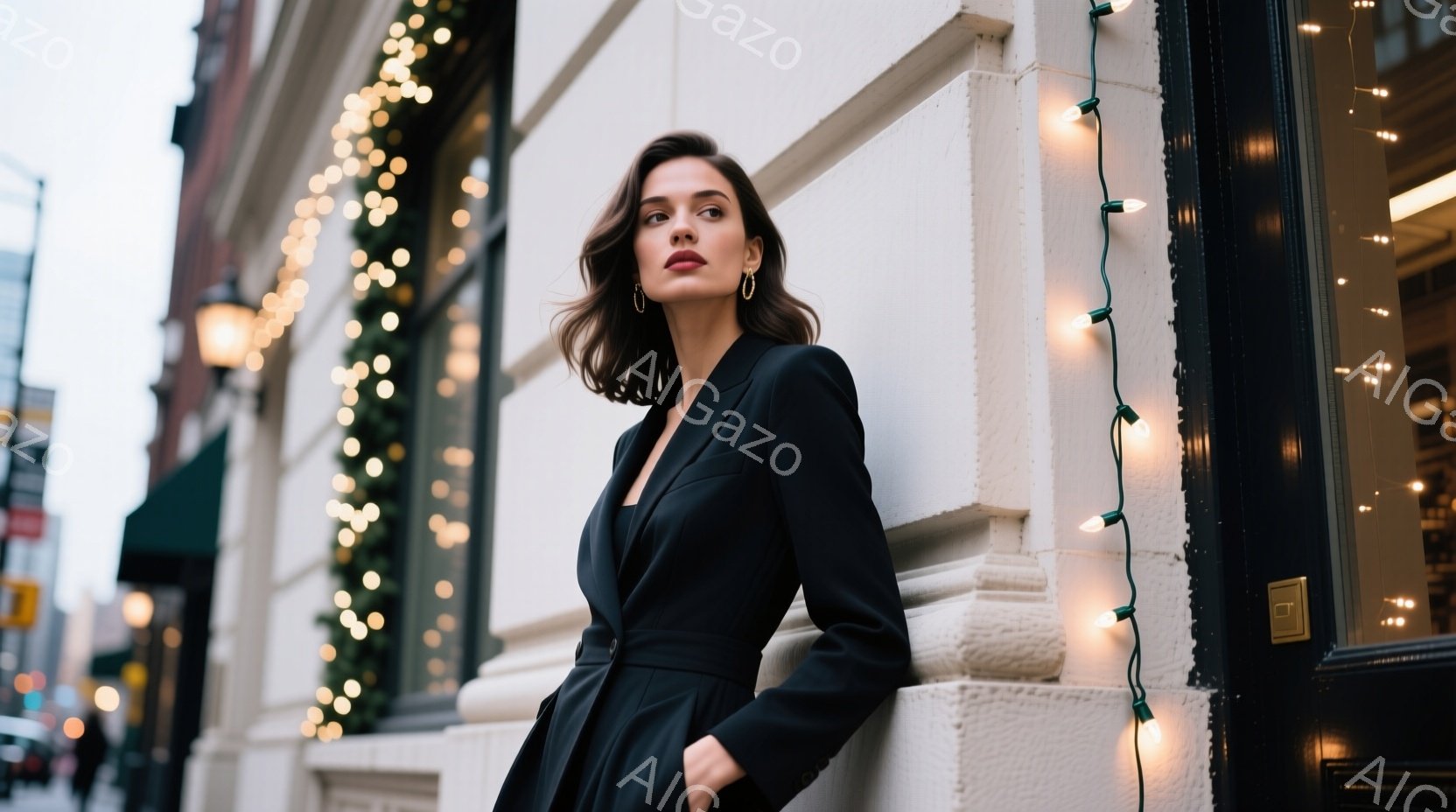 黒いラップドレスを着た女性が、装飾された建物に寄りかかっています。彼女は肩までのウェーブヘアで、赤い口紅を塗っています。背景には、クリスマスの飾り付けが施された建物があり、全体的に洗練された冬の雰囲気を感じさせます。