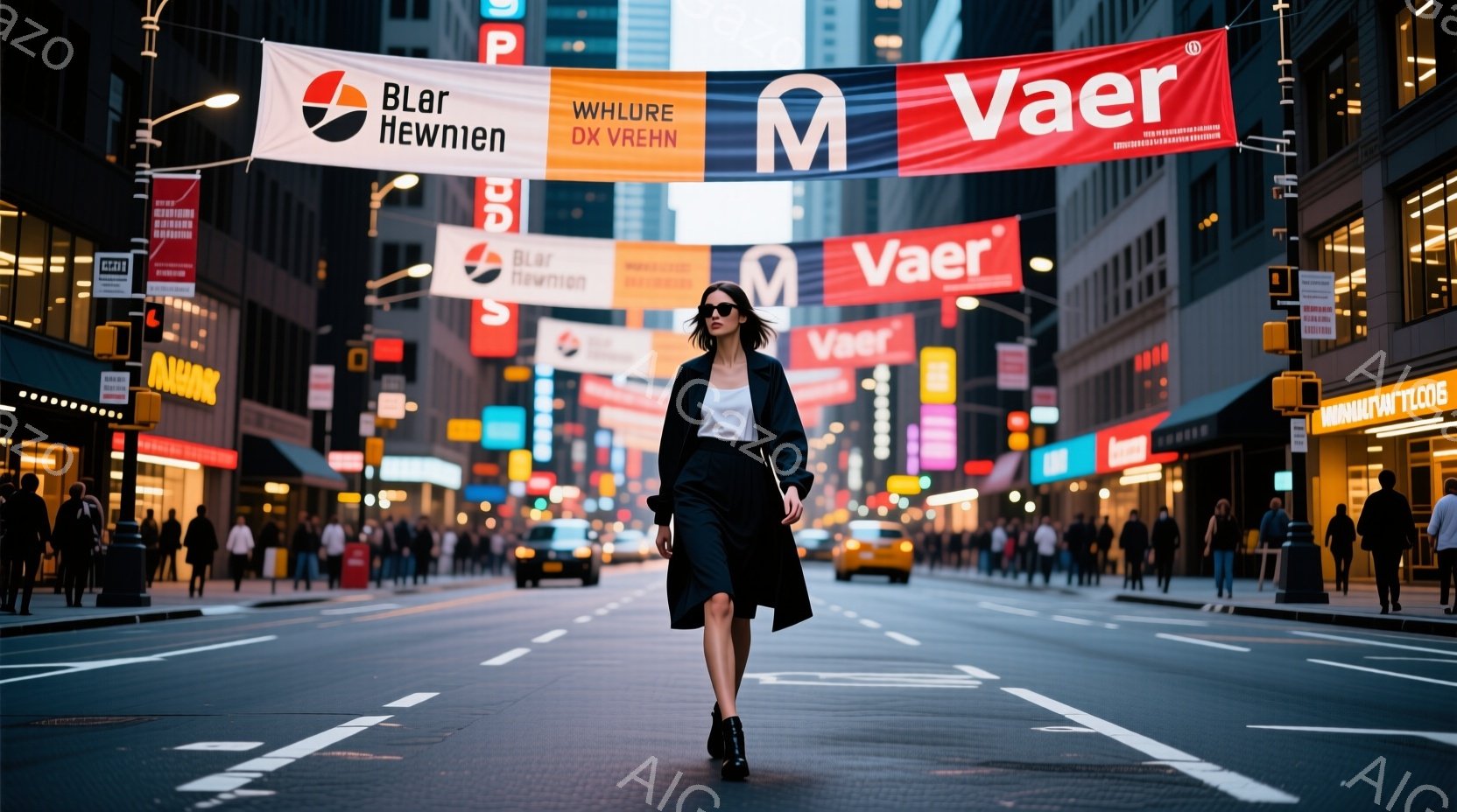 ニューヨークの街を歩く女性が写っている。彼女は黒いコート、白いトップス、黒いスカート、黒いブーツを身に着け、サングラスをかけ、髪は後ろでポニーテールに結んでいる。背景には高層ビル群と広告が並び、賑やかな都市の雰囲気が漂っている。